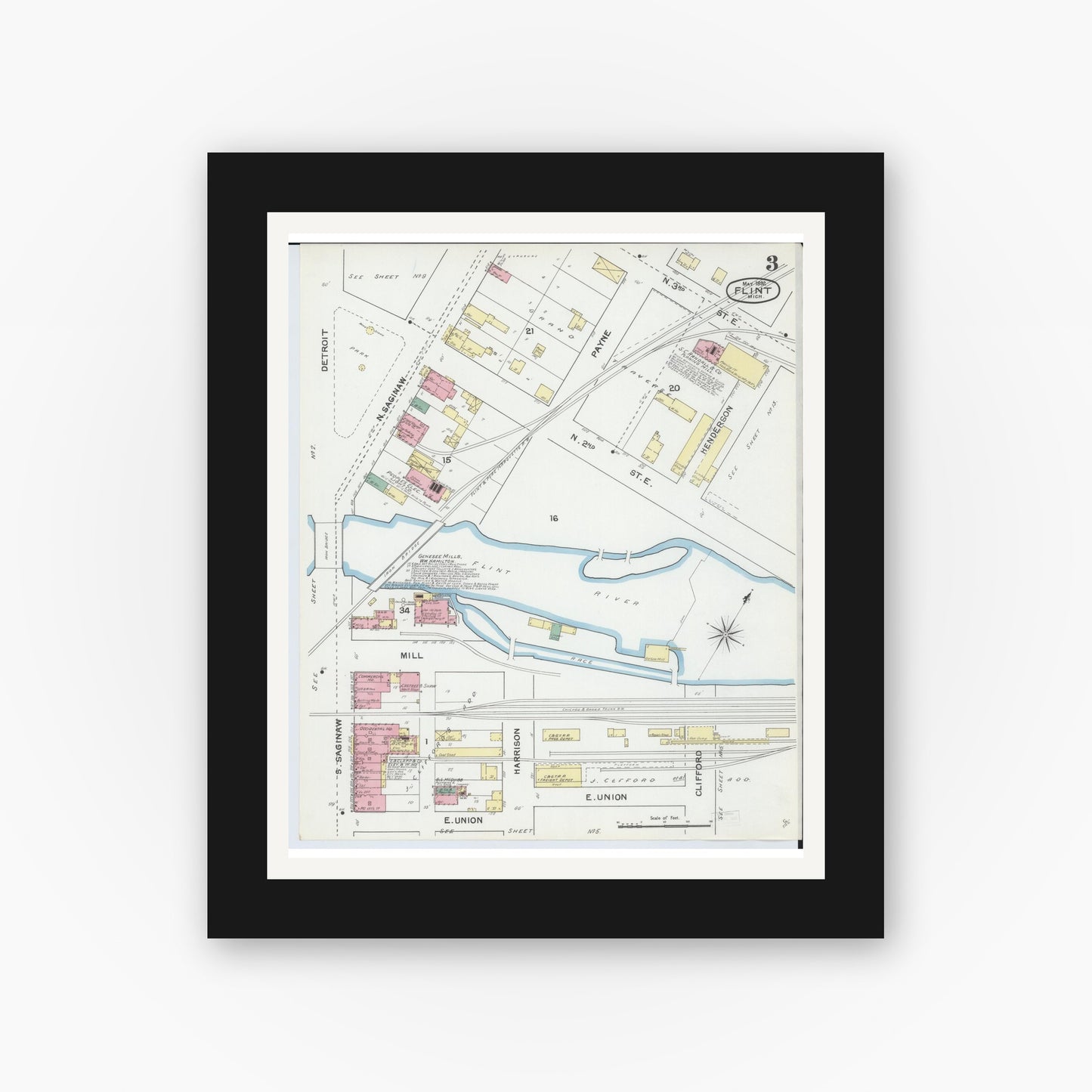 Old map wall art mockup — black gallery frame with white mat — Sanborn Fire Insurance Map from Flint, Genesee County, Michigan (1892), Sheet #0003