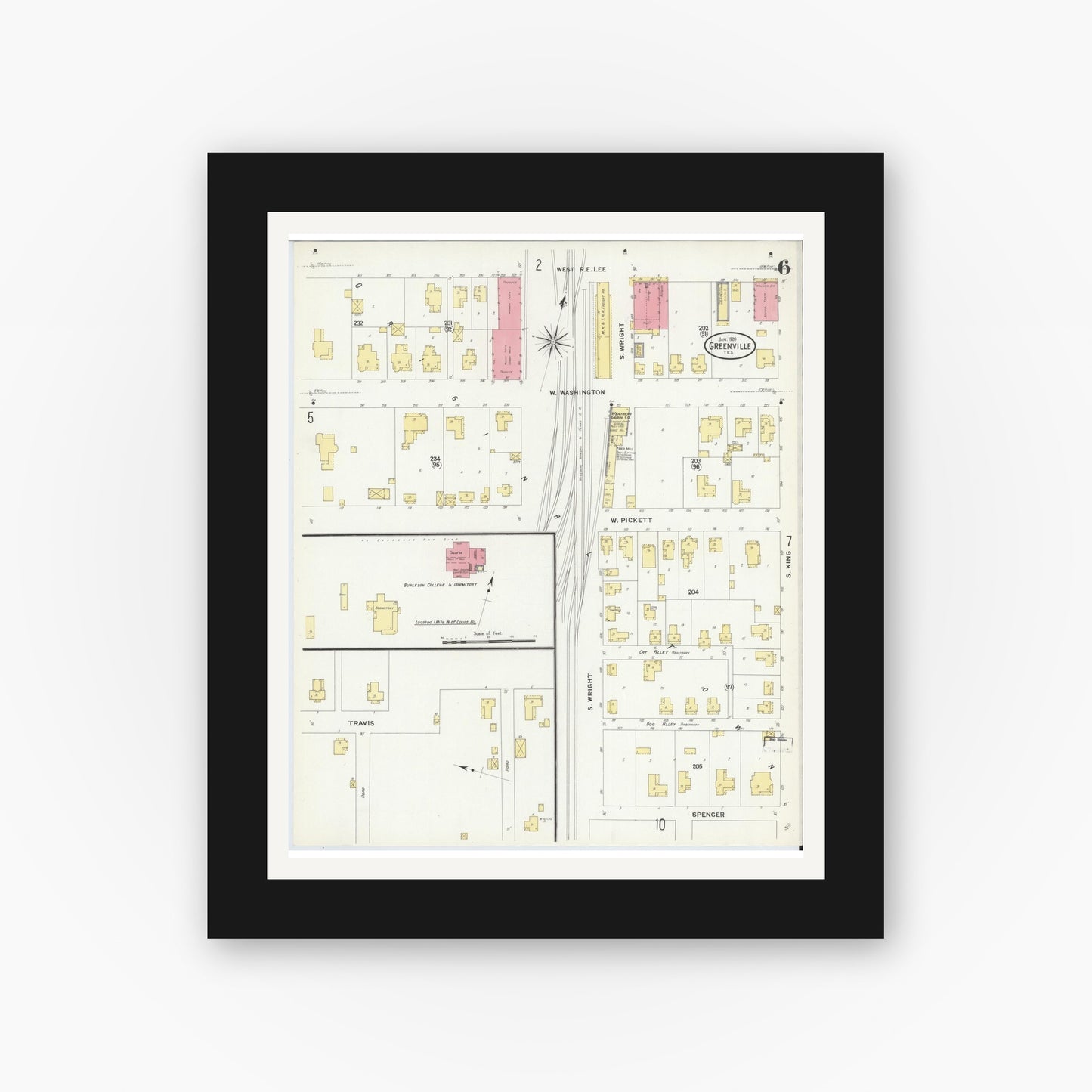 Old map wall art mockup — black gallery frame with white mat — Sanborn Fire Insurance Map from Greenville, Hunt County, Texas (1909), Sheet #0006