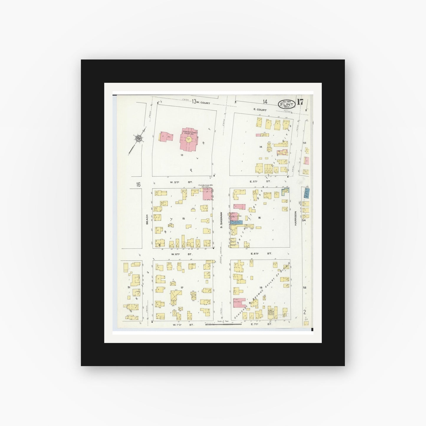 Old map wall art mockup — black gallery frame with white mat — Sanborn Fire Insurance Map from Flint, Genesee County, Michigan (1909), Sheet #0017