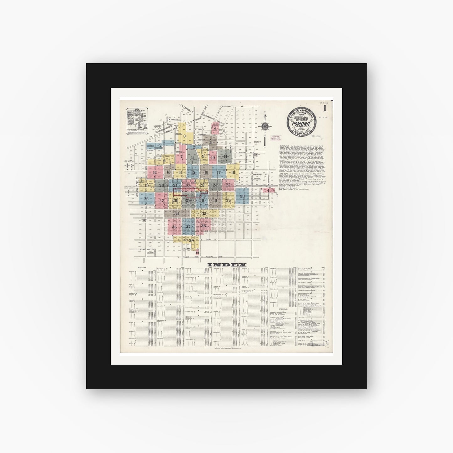 Old map wall art mockup — black gallery frame with white mat — Sanborn Fire Insurance Map from Pomona, Los Angeles County, California (1911) - Complete Map Set