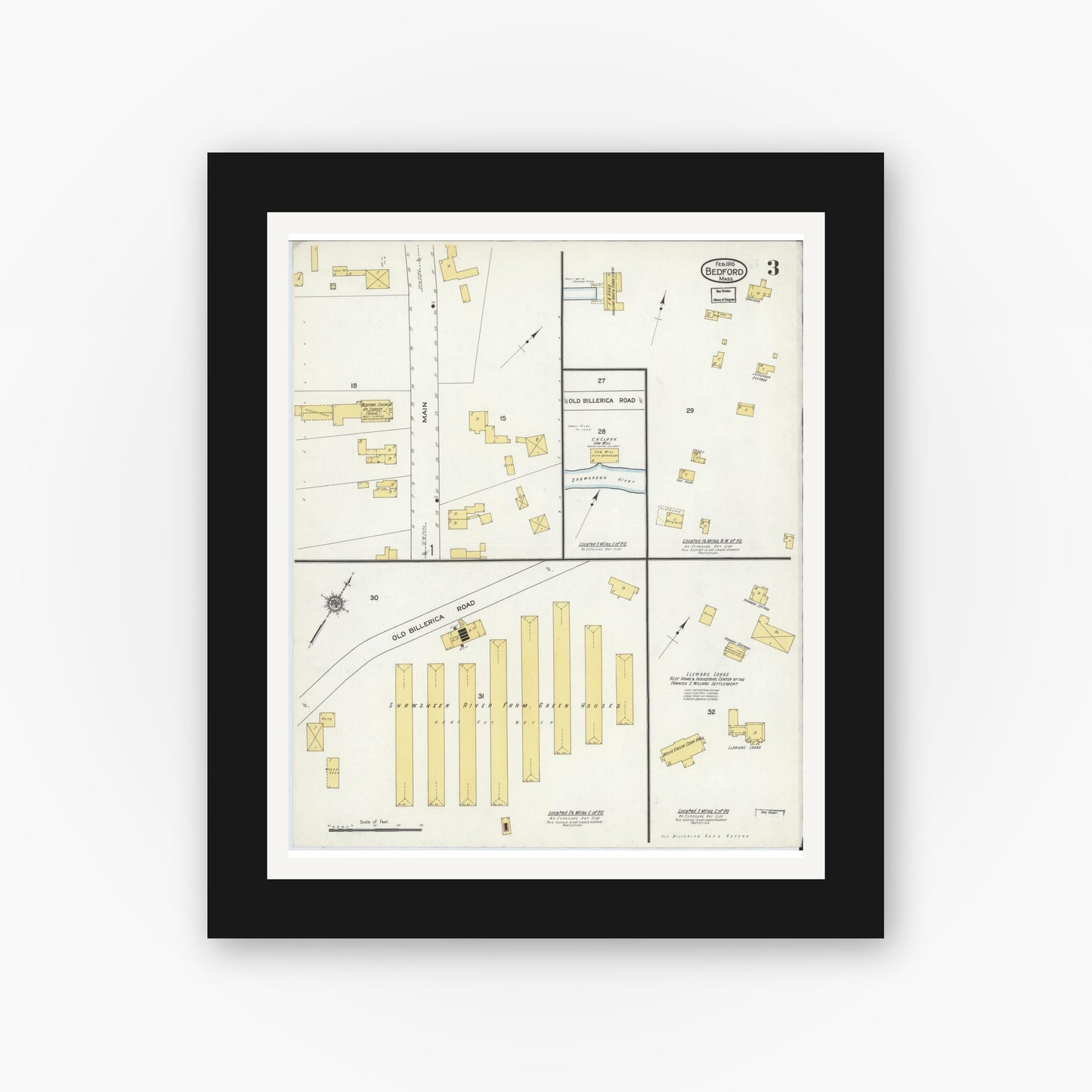 Old map wall art mockup — black gallery frame with white mat — Sanborn Fire Insurance Map from Bedford, Middlesex County, Massachusetts (1916), Sheet #0003