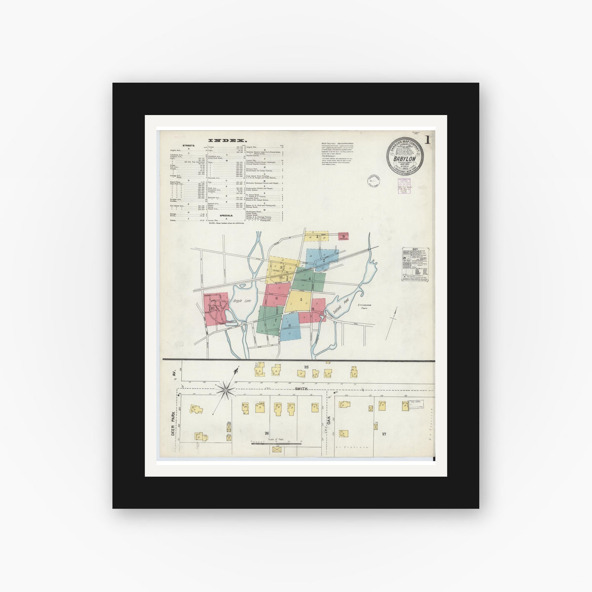 Old map wall art mockup — black gallery frame with white mat — Sanborn Fire Insurance Map from Babylon, Suffolk County, New York (1902) - Complete Map Set