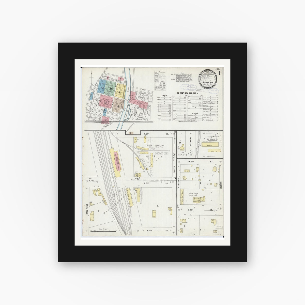 Old map wall art mockup — black gallery frame with white mat — Sanborn Fire Insurance Map from Geneva, Kane County, Illinois (1897), Sheet #0001