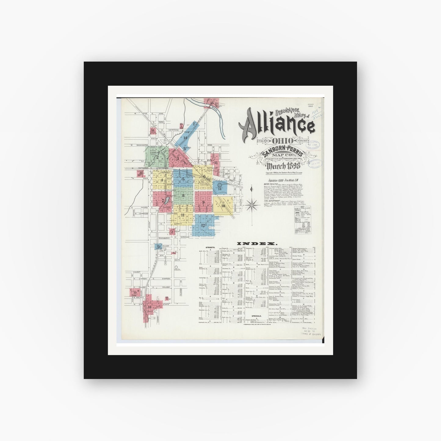 Old map wall art mockup — black gallery frame with white mat — Sanborn Fire Insurance Map from Alliance, Stark County, Ohio (1898), Sheet #0001