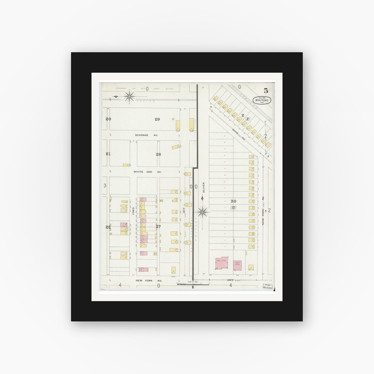 Old map wall art mockup — black gallery frame with white mat — Sanborn Fire Insurance Map from Whiting, Lake County, Indiana (1896), Sheet #0005
