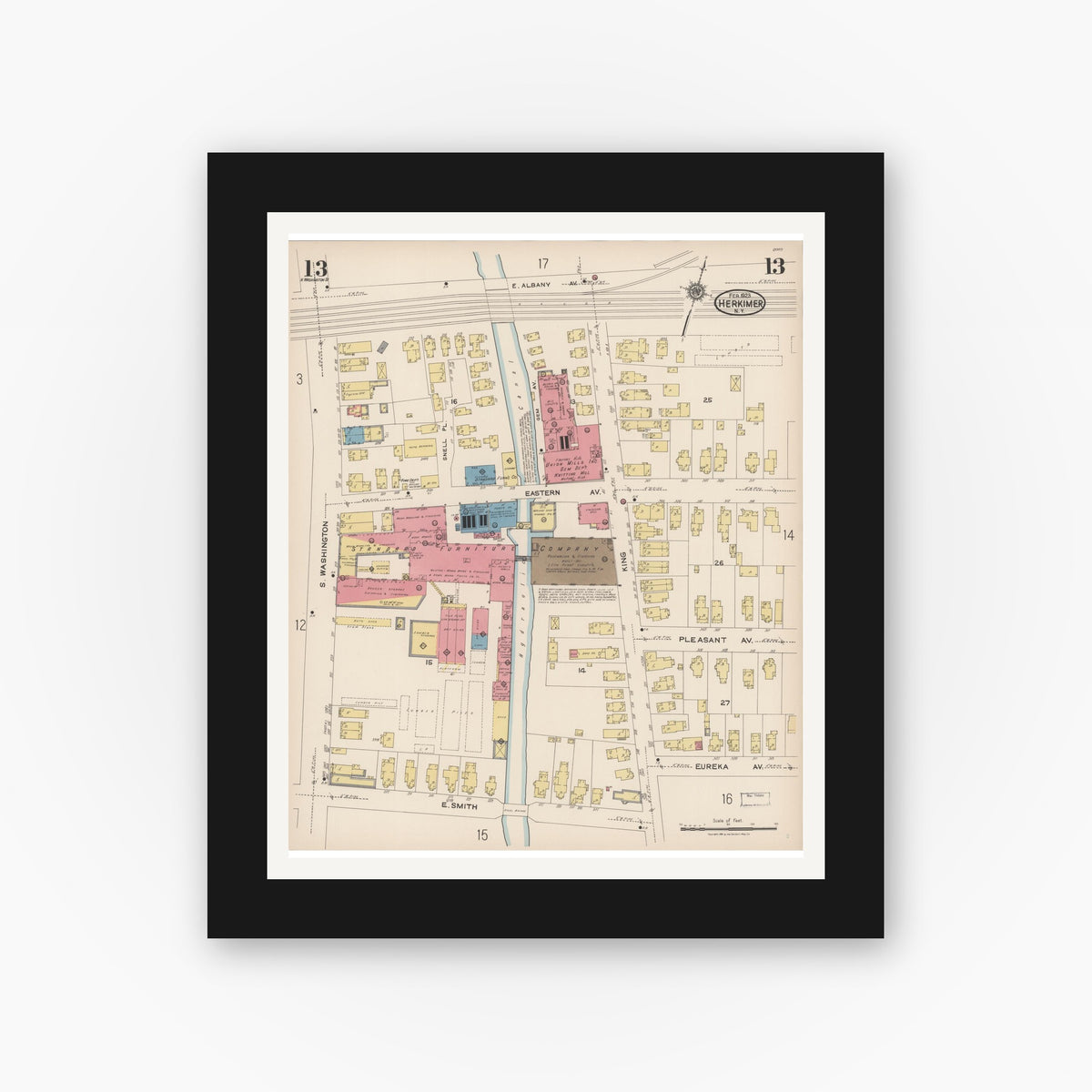 Old map wall art mockup — black gallery frame with white mat — Sanborn Fire Insurance Map from Herkimer, Herkimer County, New York (1923), Sheet #0013