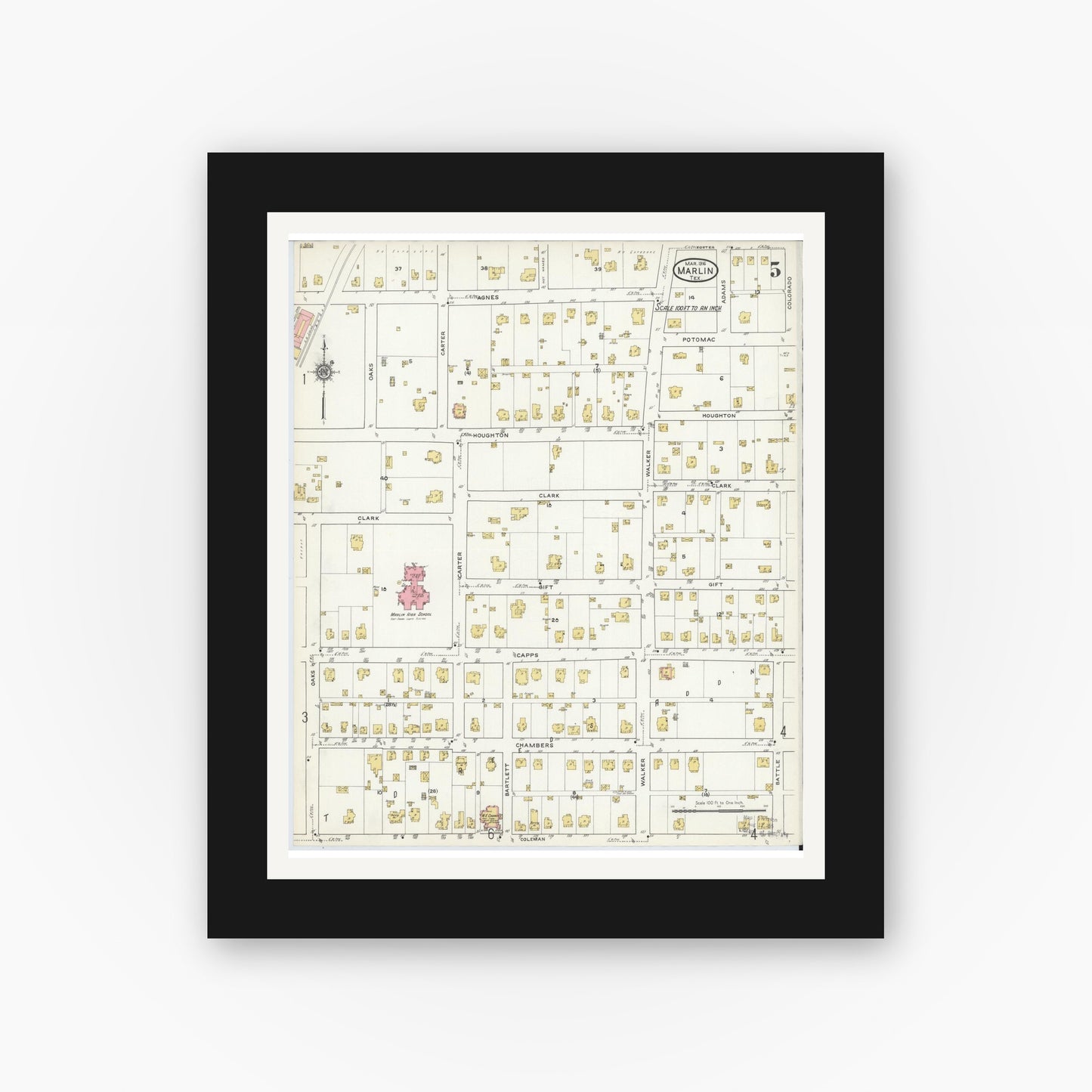 Old map wall art mockup — black gallery frame with white mat — Sanborn Fire Insurance Map from Marlin, Falls County, Texas (1916), Sheet #0005