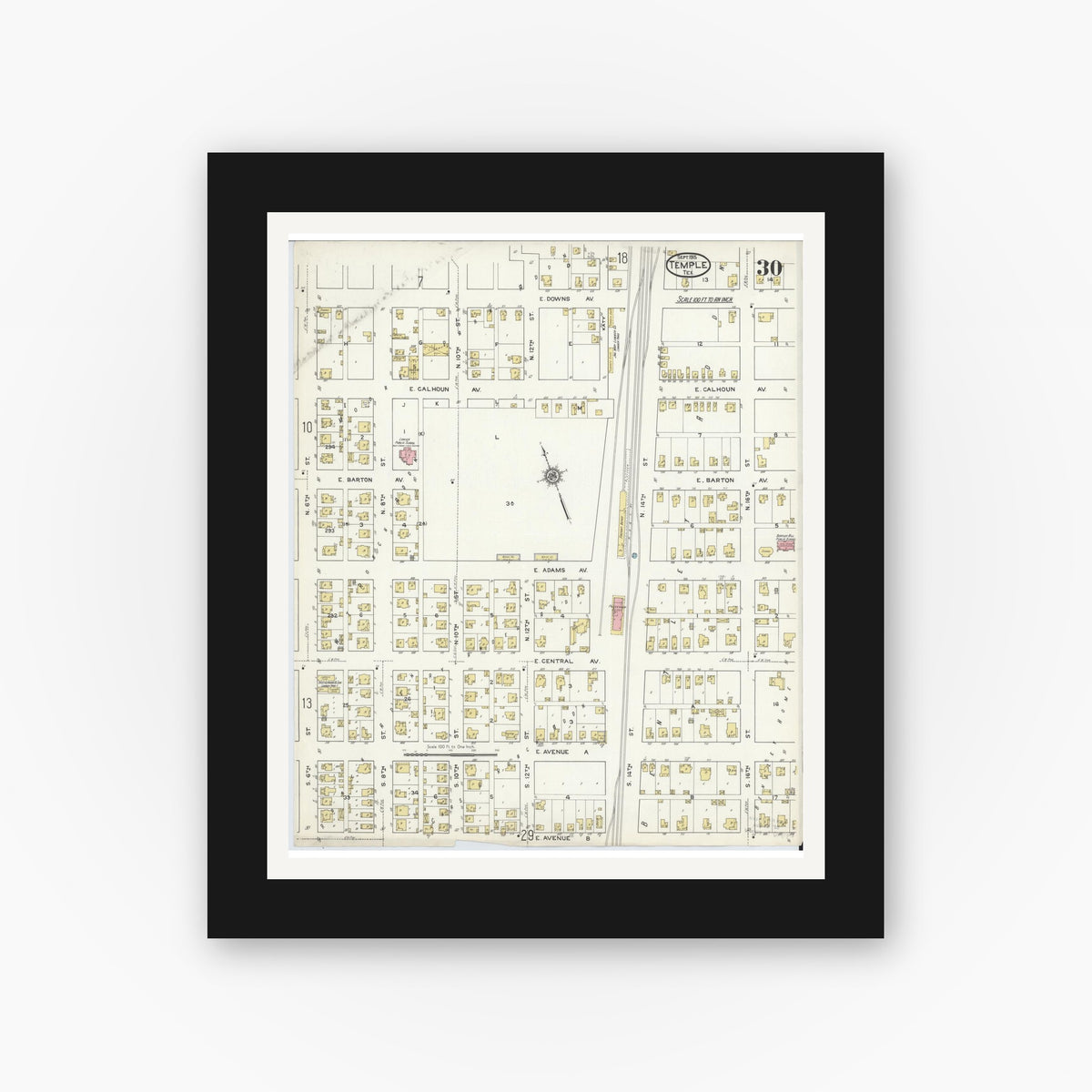 Old map wall art mockup — black gallery frame with white mat — Sanborn Fire Insurance Map from Temple, Bell County, Texas (1915), Sheet #0030