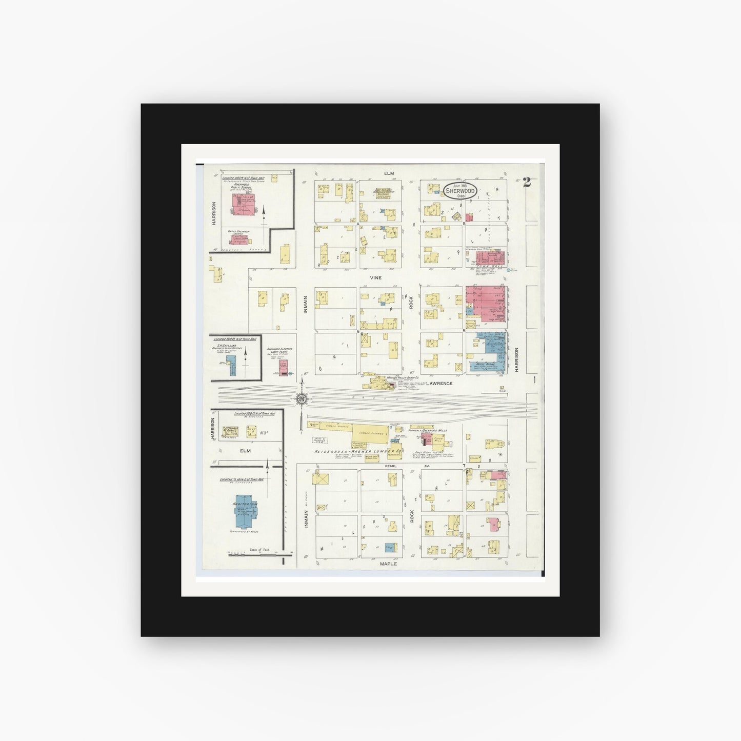 Old map wall art mockup — black gallery frame with white mat — Sanborn Fire Insurance Map from Sherwood, Defiance County, Ohio (1913), Sheet #0002