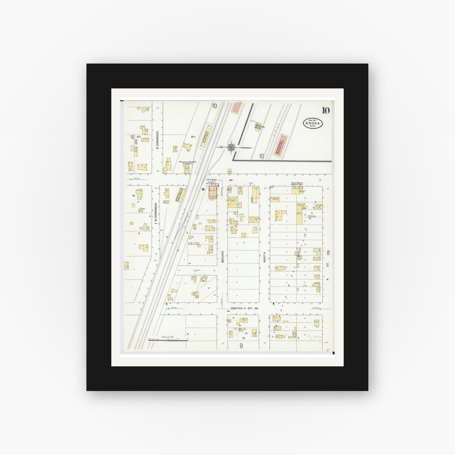 Old map wall art mockup — black gallery frame with white mat — Sanborn Fire Insurance Map from Anoka, Anoka County, Minnesota (1911), Sheet #0010