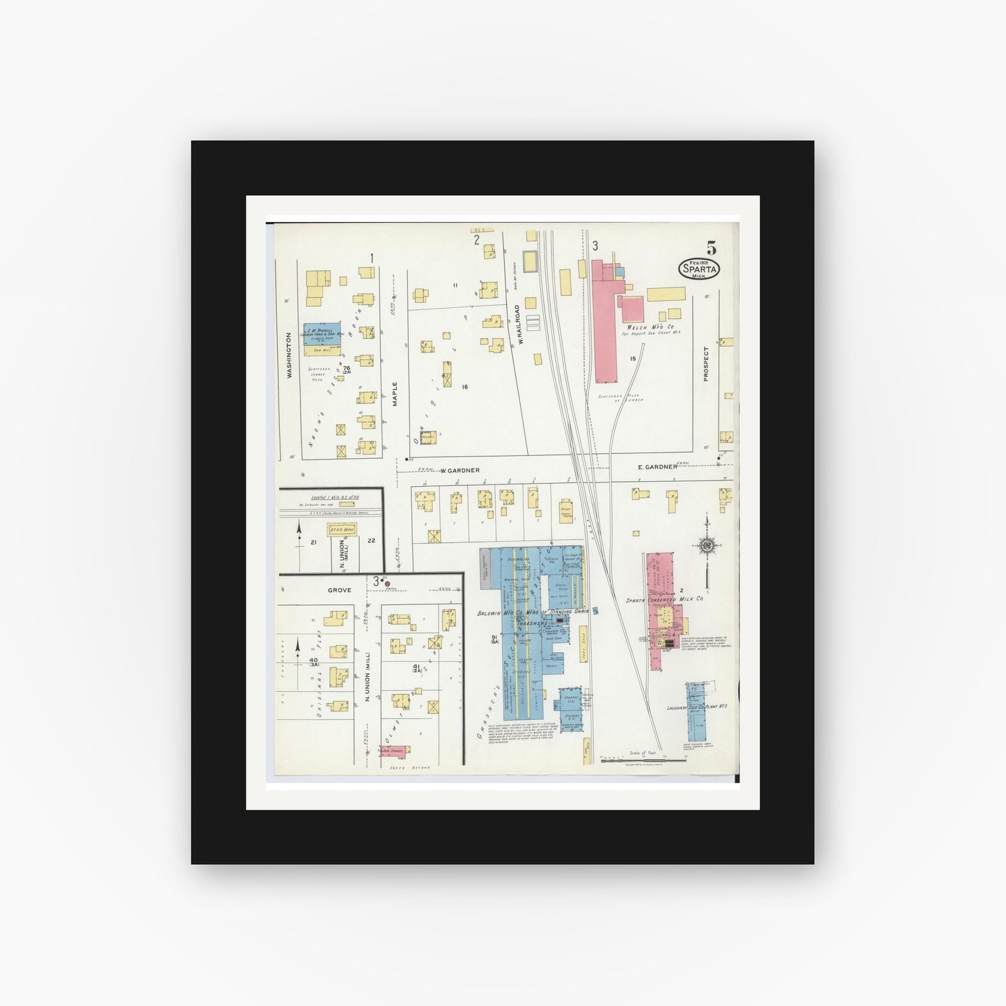 Old map wall art mockup — black gallery frame with white mat — Sanborn Fire Insurance Map from Sparta, Kent County, Michigan (1918), Sheet #0005