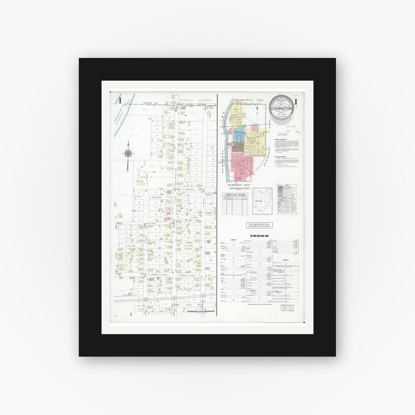 Old map wall art mockup — black gallery frame with white mat — Sanborn Fire Insurance Map from Covington, Miami County, Ohio (1946), Sheet #0001