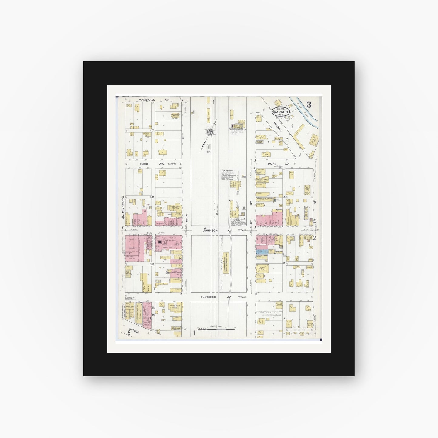 Old map wall art mockup — black gallery frame with white mat — Sanborn Fire Insurance Map from Warren, Marshall County, Minnesota (1915), Sheet #0003