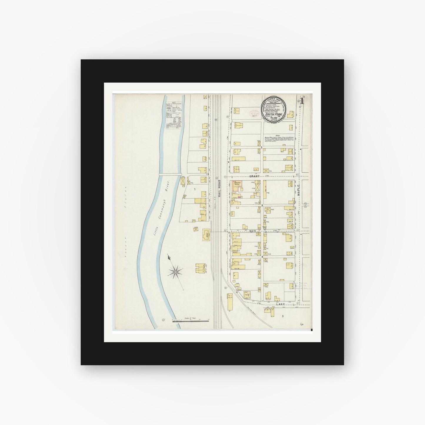 Old map wall art mockup — black gallery frame with white mat — Sanborn Fire Insurance Map from South Fork, Cambria County, Pennsylvania (1895), Sheet #0001