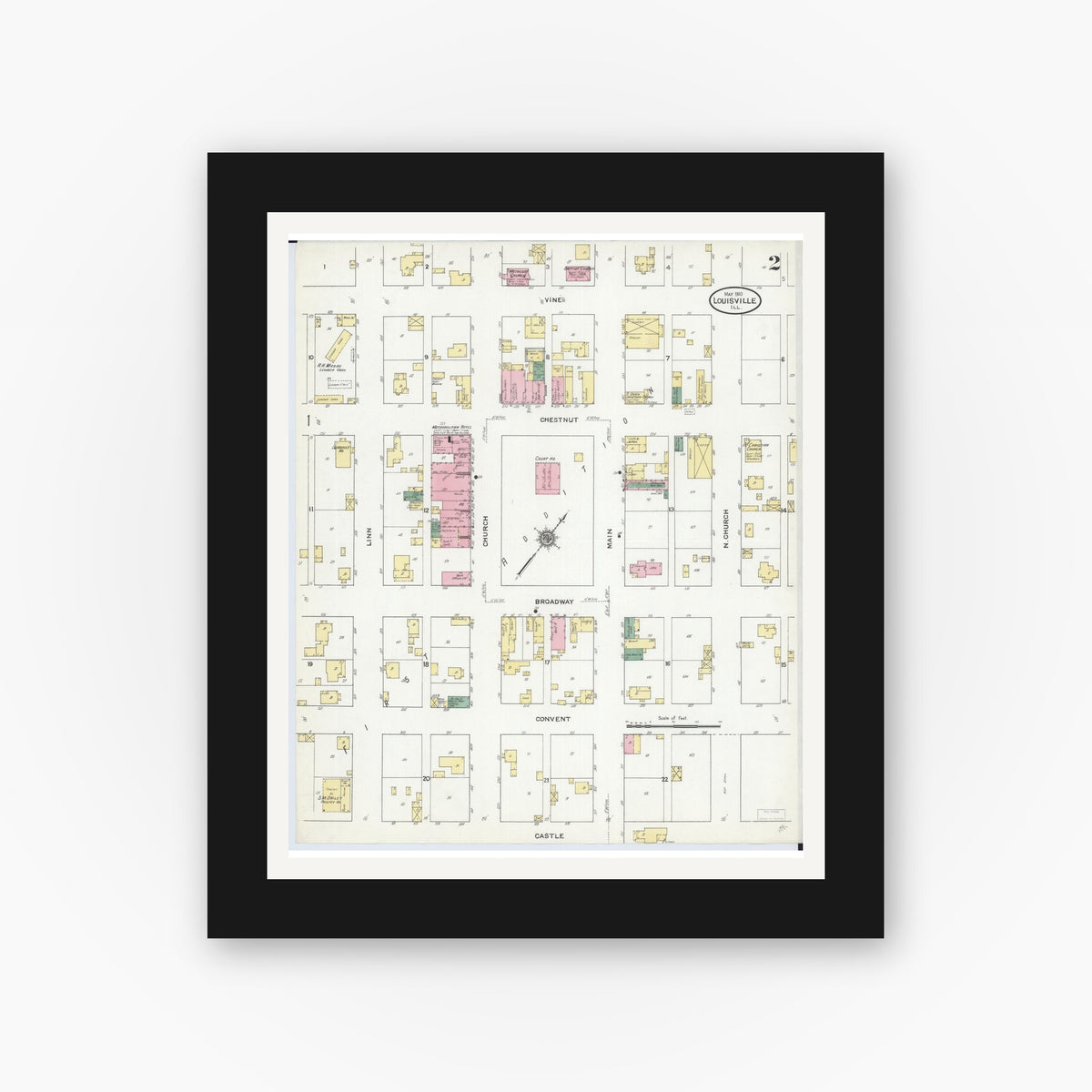 Old map wall art mockup — black gallery frame with white mat — Sanborn Fire Insurance Map from Louisville, Clay County, Illinois (1910), Sheet #0002