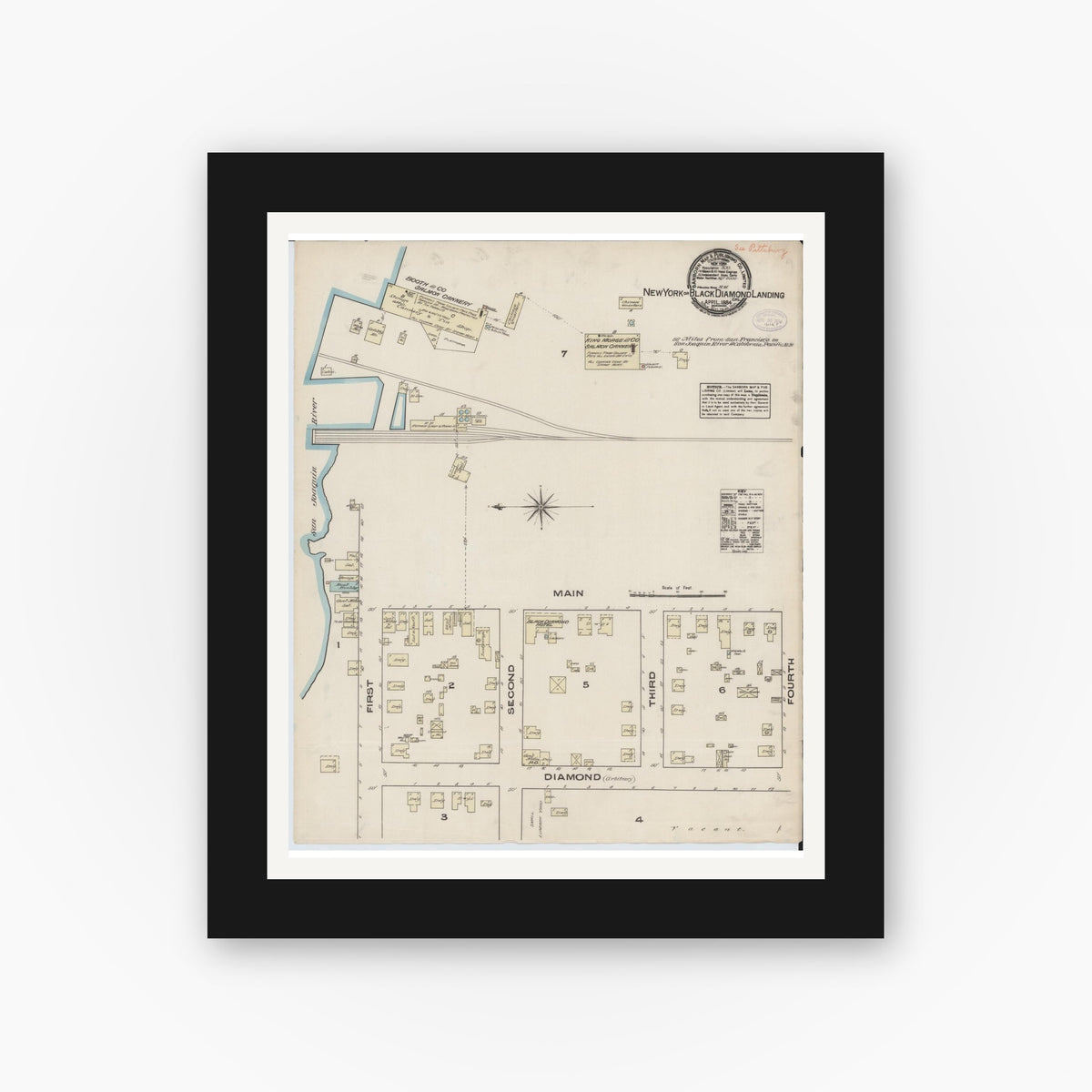 Old map wall art mockup — black gallery frame with white mat — Sanborn Fire Insurance Map from New York Landing, Contra Costa County, California (1884), Sheet #0001