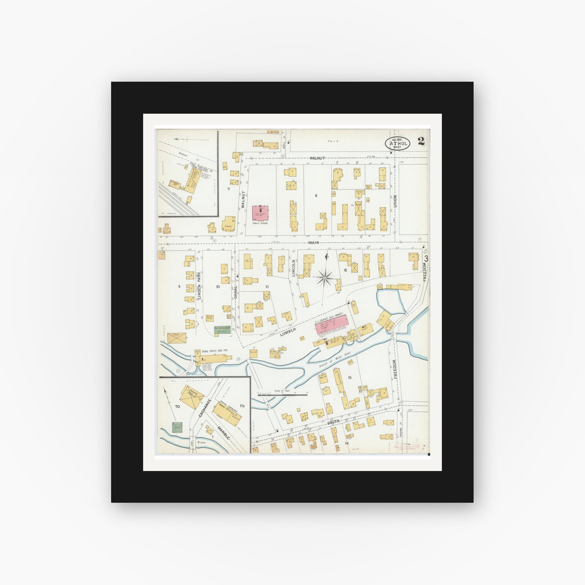 Old map wall art mockup — black gallery frame with white mat — Sanborn Fire Insurance Map from Athol, Worcester County, Massachusetts (1900), Sheet #0002