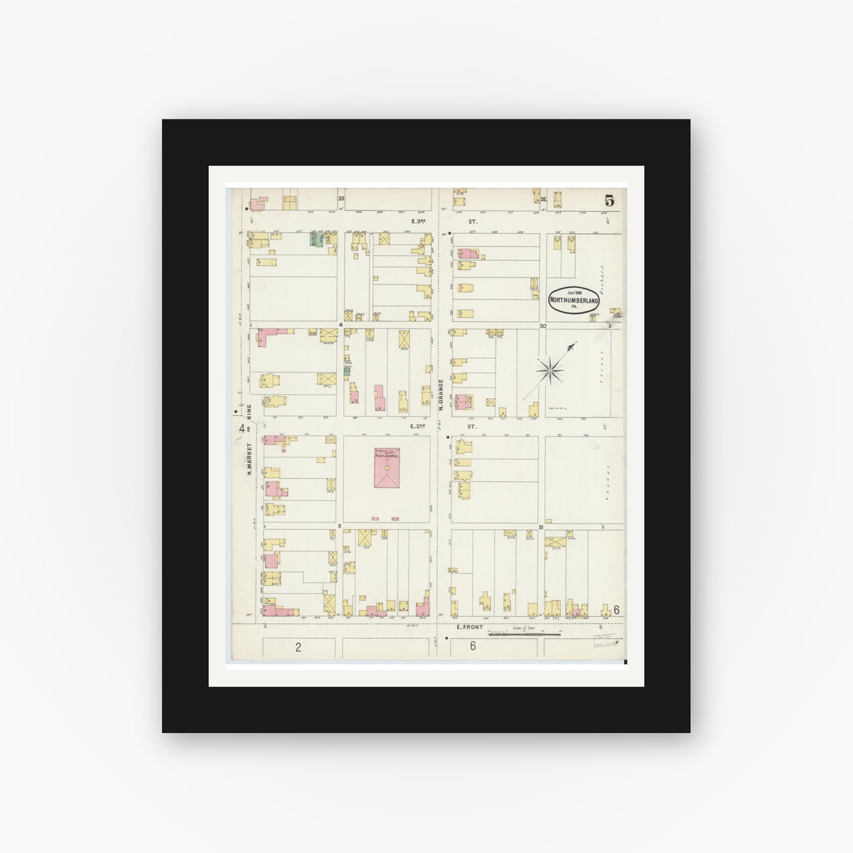 Old map wall art mockup — black gallery frame with white mat — Sanborn Fire Insurance Map from Northumberland, Northumberland County, Pennsylvania (1896), Sheet #0005