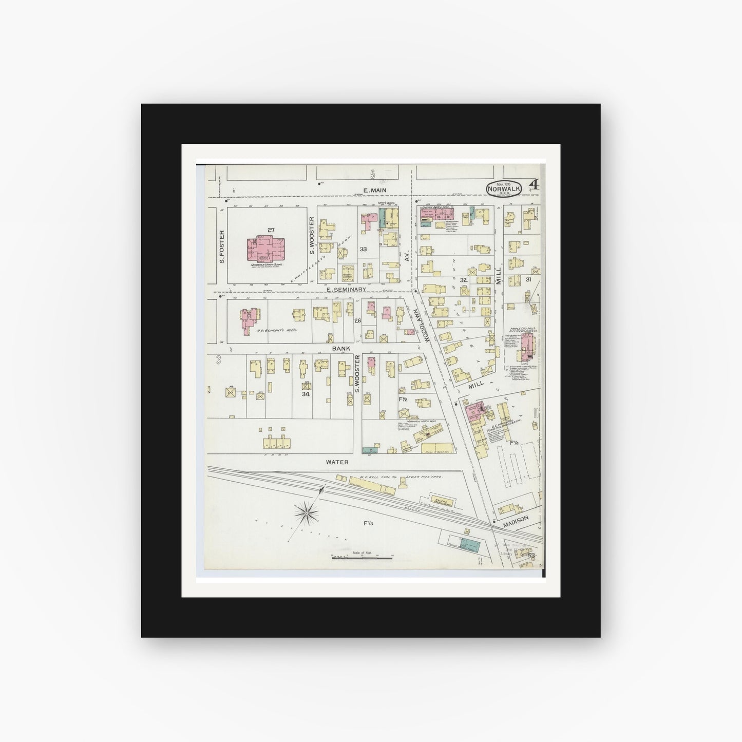 Old map wall art mockup — black gallery frame with white mat — Sanborn Fire Insurance Map from Norwalk, Huron County, Ohio (1893), Sheet #0004
