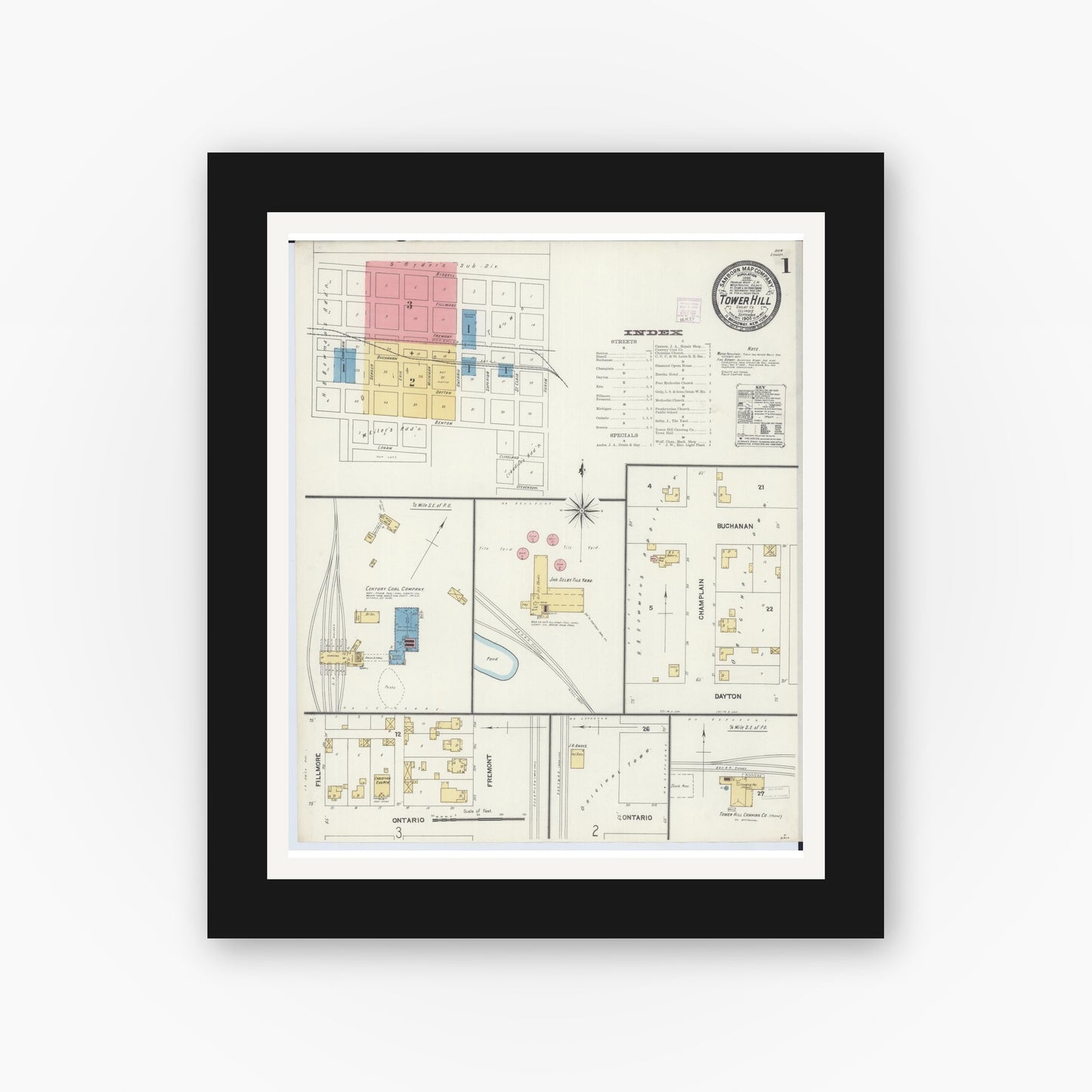 Old map wall art mockup — black gallery frame with white mat — Sanborn Fire Insurance Map from Tower Hill, Shelby County, Illinois (1906) - Complete Map Set