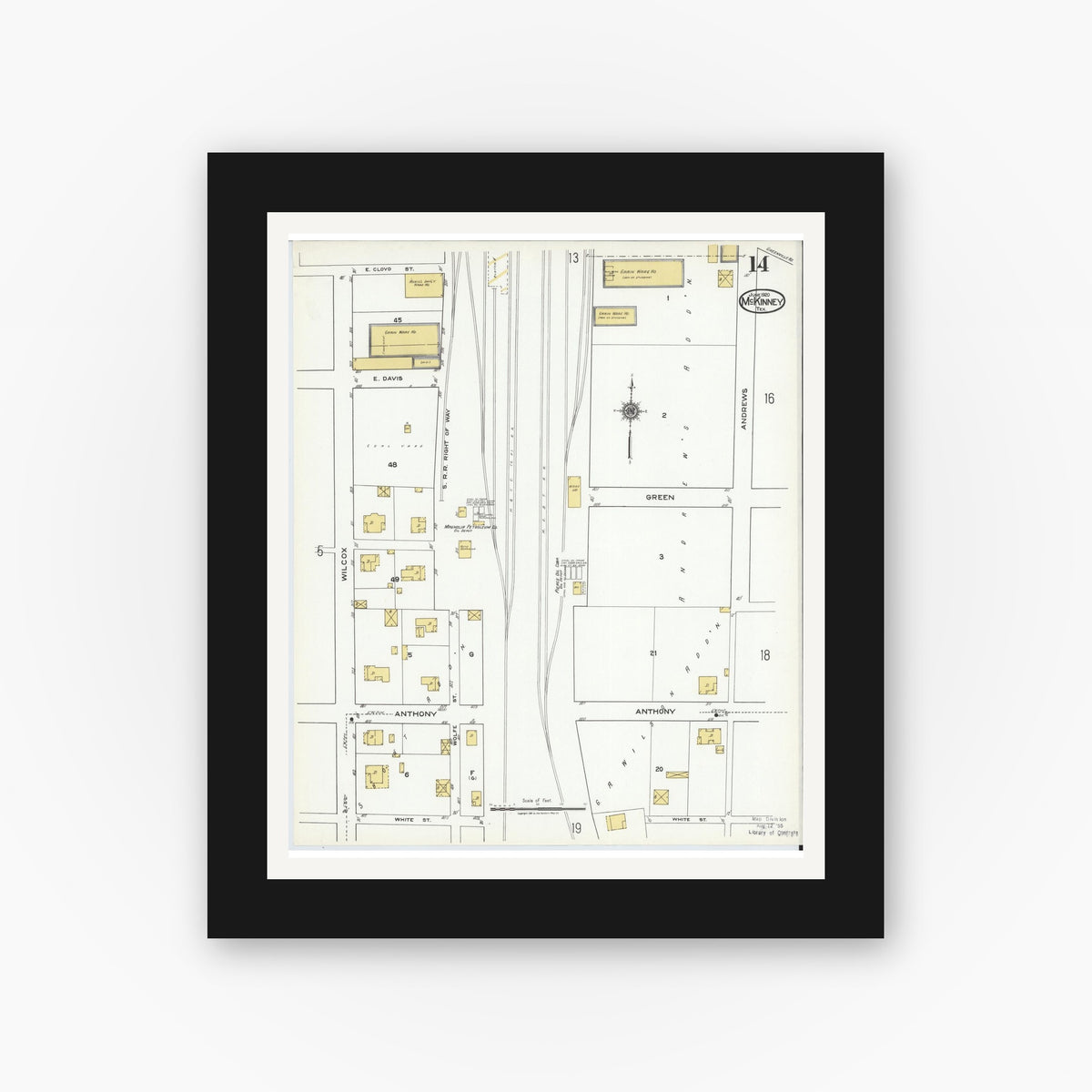 Old map wall art mockup — black gallery frame with white mat — Sanborn Fire Insurance Map from McKinney, Collin County, Texas (1920), Sheet #0014