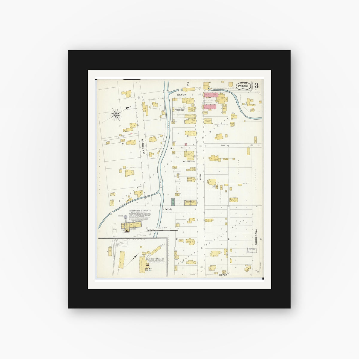 Old map wall art mockup — black gallery frame with white mat — Sanborn Fire Insurance Map from Potosi, Washington County, Missouri (1908), Sheet #0003