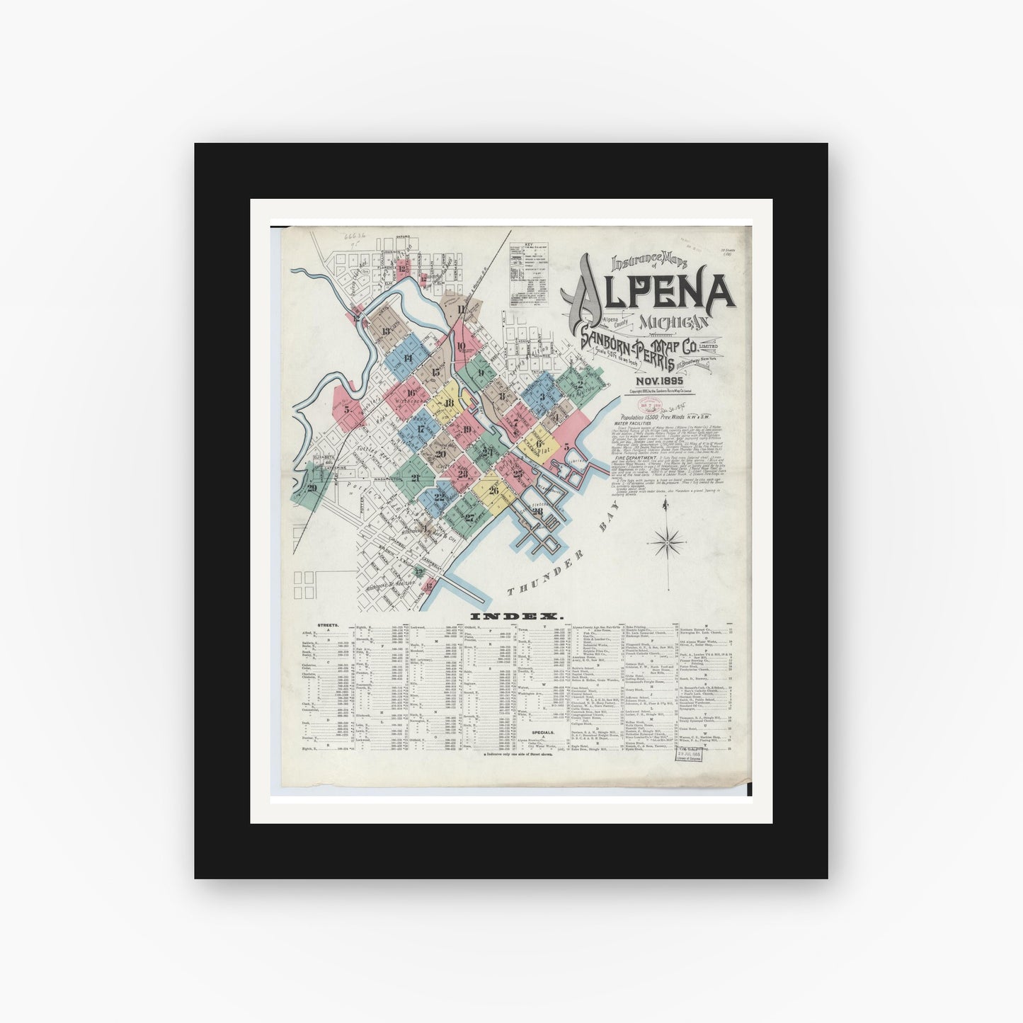Old map wall art mockup — black gallery frame with white mat — Sanborn Fire Insurance Map from Alpena, Alpena County, Michigan (1895), Sheet #0001