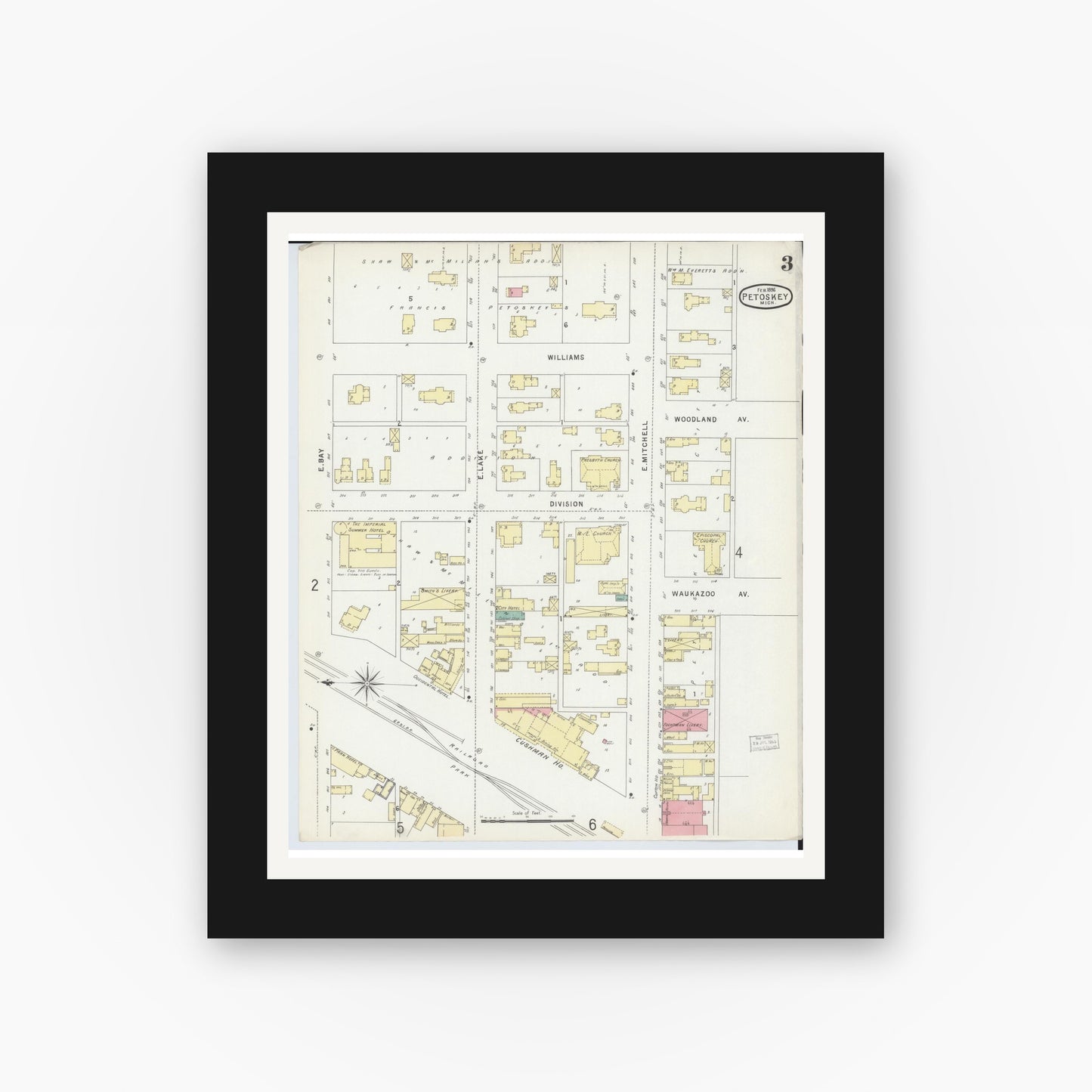 Old map wall art mockup — black gallery frame with white mat — Sanborn Fire Insurance Map from Petoskey, Emmet County, Michigan (1896), Sheet #0003