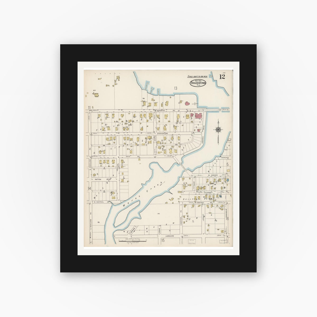 Old map wall art mockup — black gallery frame with white mat — Sanborn Fire Insurance Map from Bradentown, Manatee County, Florida (1922), Sheet #0012
