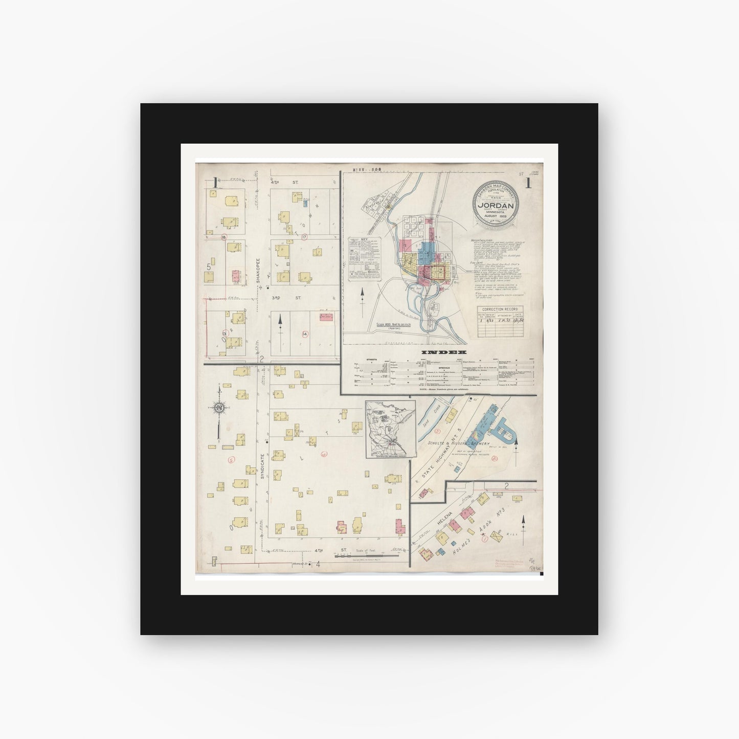 Old map wall art mockup — black gallery frame with white mat — Sanborn Fire Insurance Map from Jordan, Scott County, Minnesota (1933), Sheet #0001