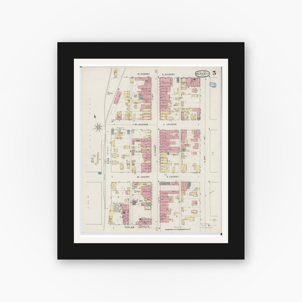 Old map wall art mockup — black gallery frame with white mat — Sanborn Fire Insurance Map from Mankato, Blue Earth County, Minnesota (1894), Sheet #0005