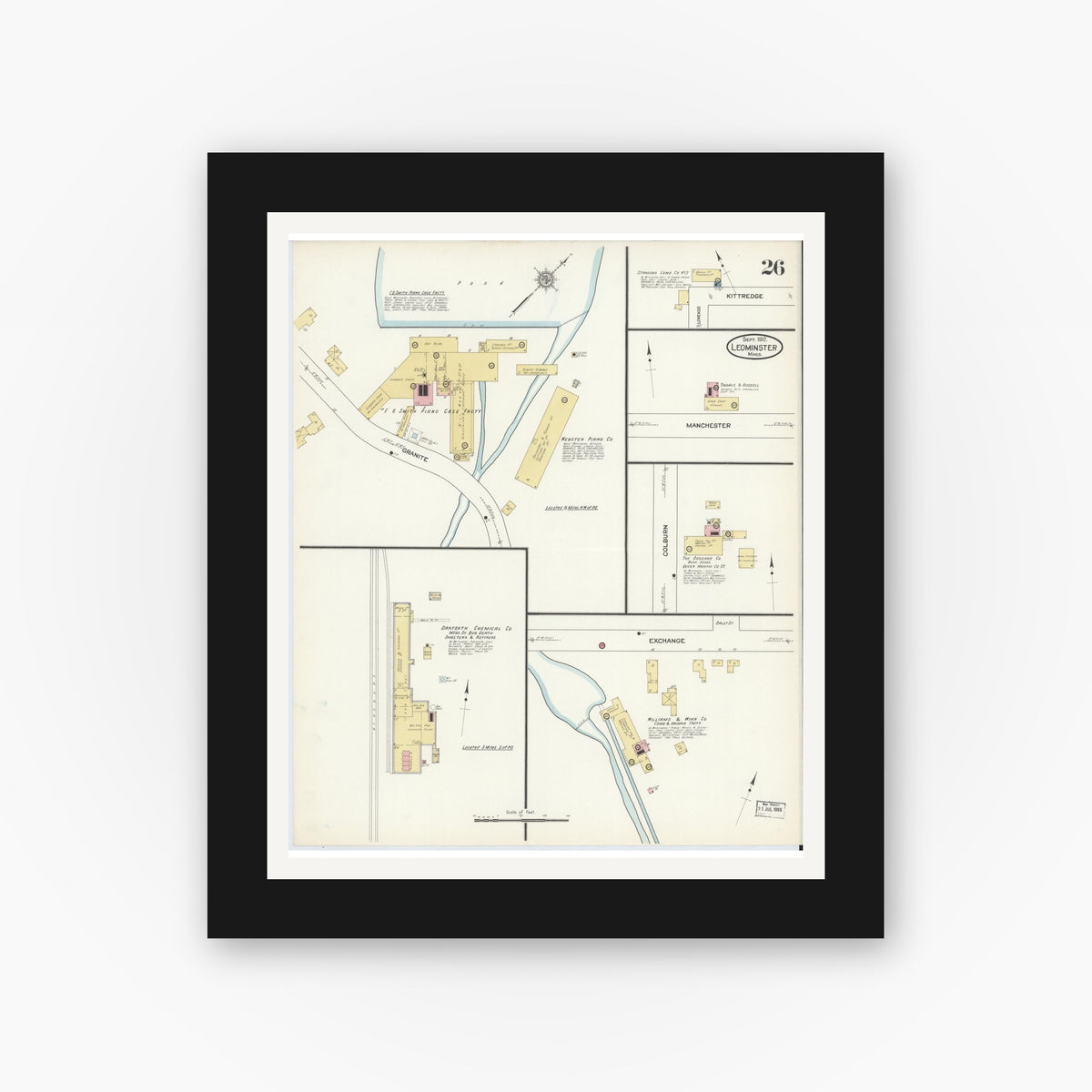Old map wall art mockup — black gallery frame with white mat — Sanborn Fire Insurance Map from Leominster, Worcester County, Massachusetts (1912), Sheet #0026