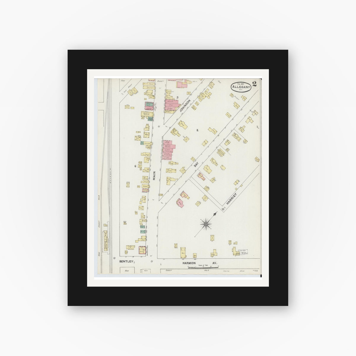 Old map wall art mockup — black gallery frame with white mat — Sanborn Fire Insurance Map from Allegany, Cattaraugus County, New York (1891), Sheet #0002