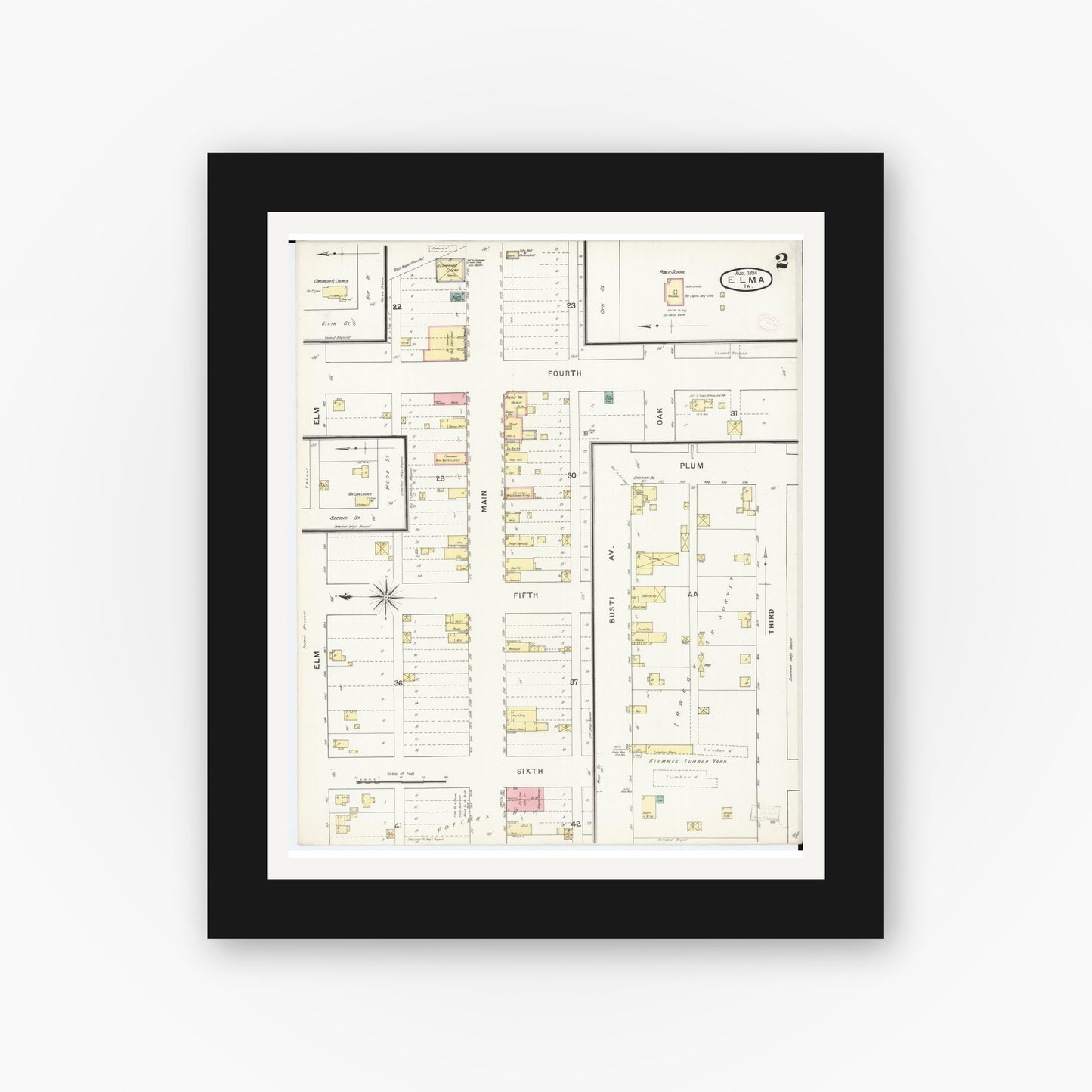 Old map wall art mockup — black gallery frame with white mat — Sanborn Fire Insurance Map from Elma, Howard County, Iowa (1894), Sheet #0002