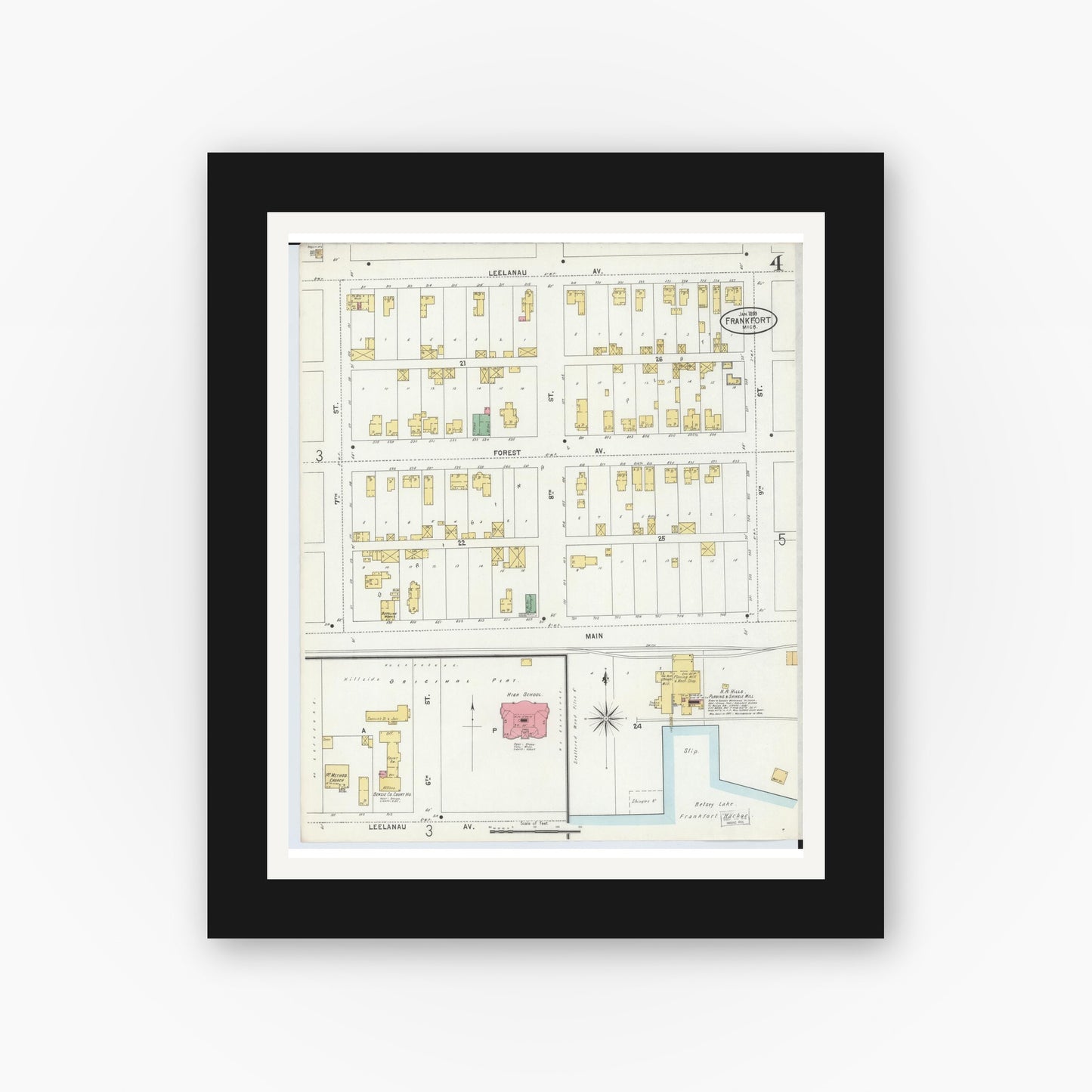 Old map wall art mockup — black gallery frame with white mat — Sanborn Fire Insurance Map from Frankfort, Benzie County, Michigan (1899), Sheet #0004