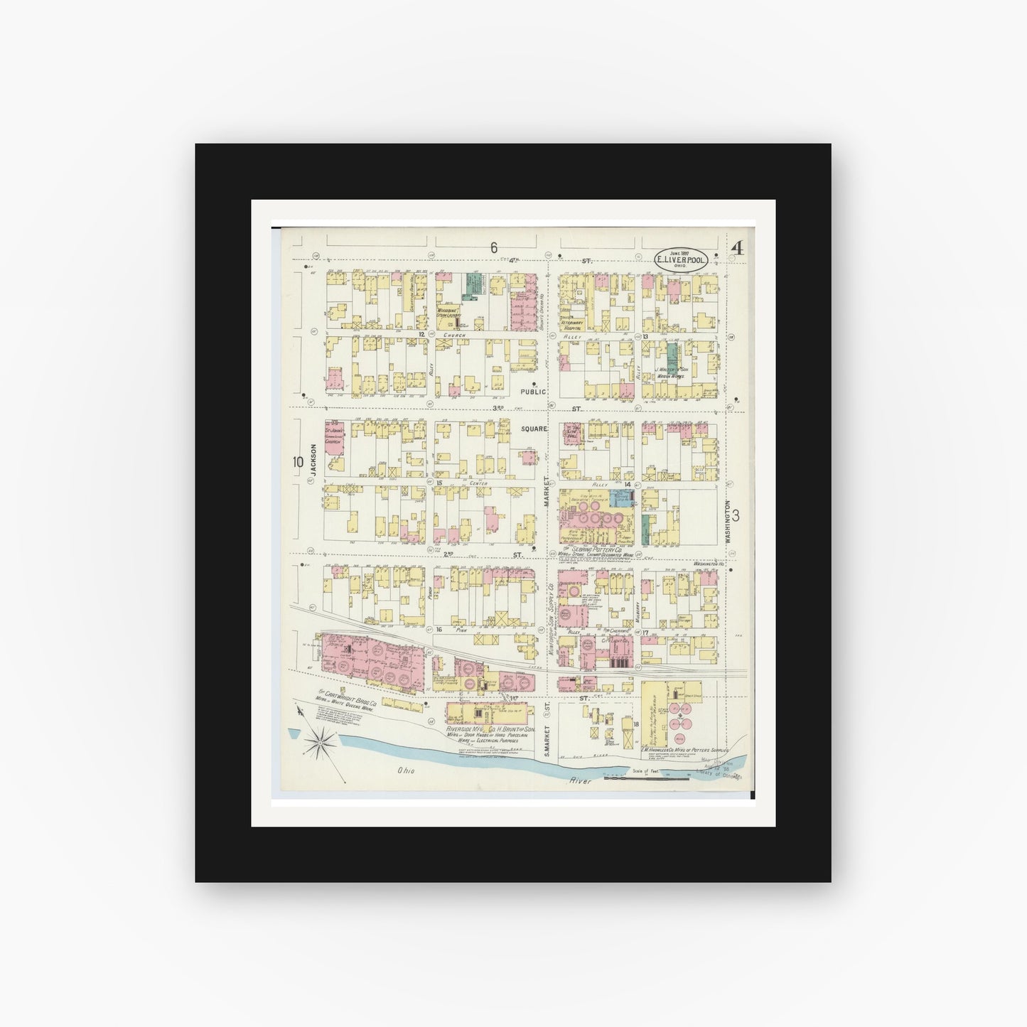 Old map wall art mockup — black gallery frame with white mat — Sanborn Fire Insurance Map from East Liverpool, Columbiana County, Ohio (1897), Sheet #0004