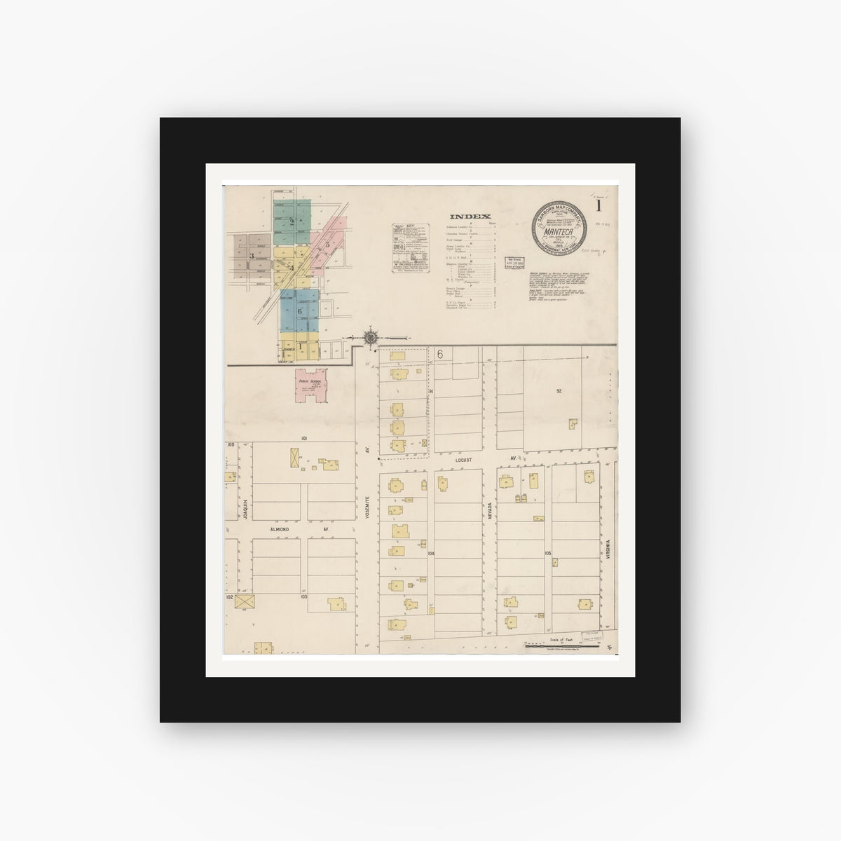 Old map wall art mockup — black gallery frame with white mat — Sanborn Fire Insurance Map from Manteca, San Joaquin County, California (1918), Sheet #0001