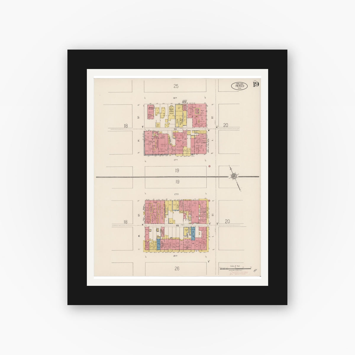Old map wall art mockup — black gallery frame with white mat — Sanborn Fire Insurance Map from Merced, Merced County, California (1922), Sheet #0019