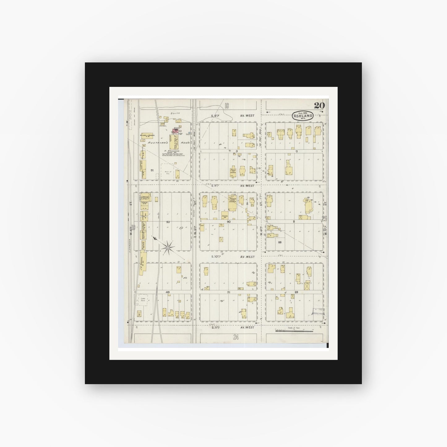Old map wall art mockup — black gallery frame with white mat — Sanborn Fire Insurance Map from Ashland, Ashland County, Wisconsin (1895), Sheet #0020