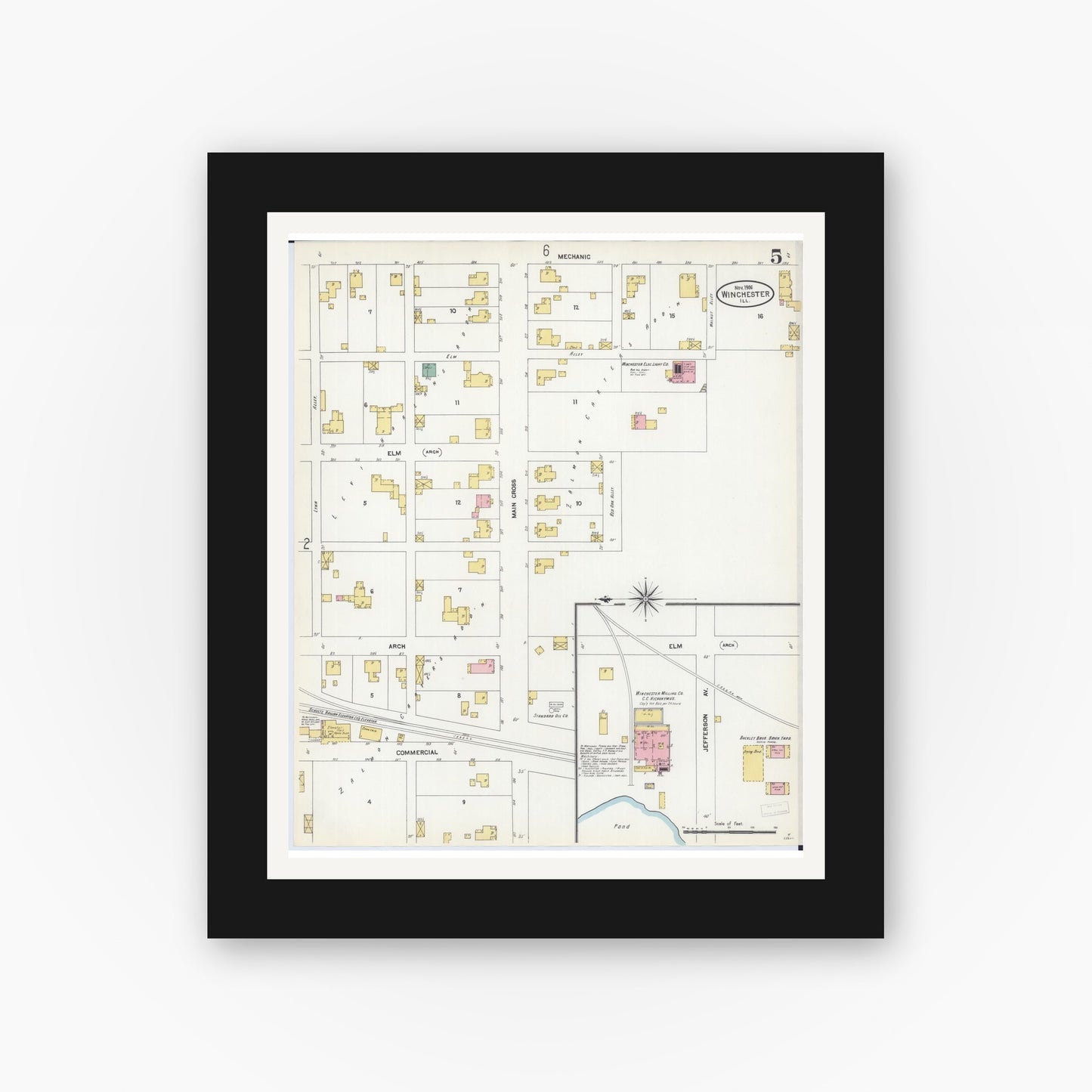 Old map wall art mockup — black gallery frame with white mat — Sanborn Fire Insurance Map from Winchester, Scott County, Illinois (1906), Sheet #0005
