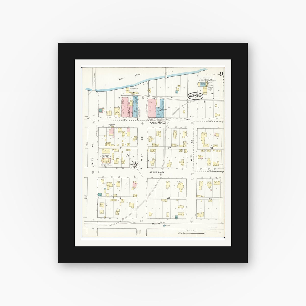 Old map wall art mockup — black gallery frame with white mat — Sanborn Fire Insurance Map from Waterloo, Black Hawk County, Iowa (1892), Sheet #0009