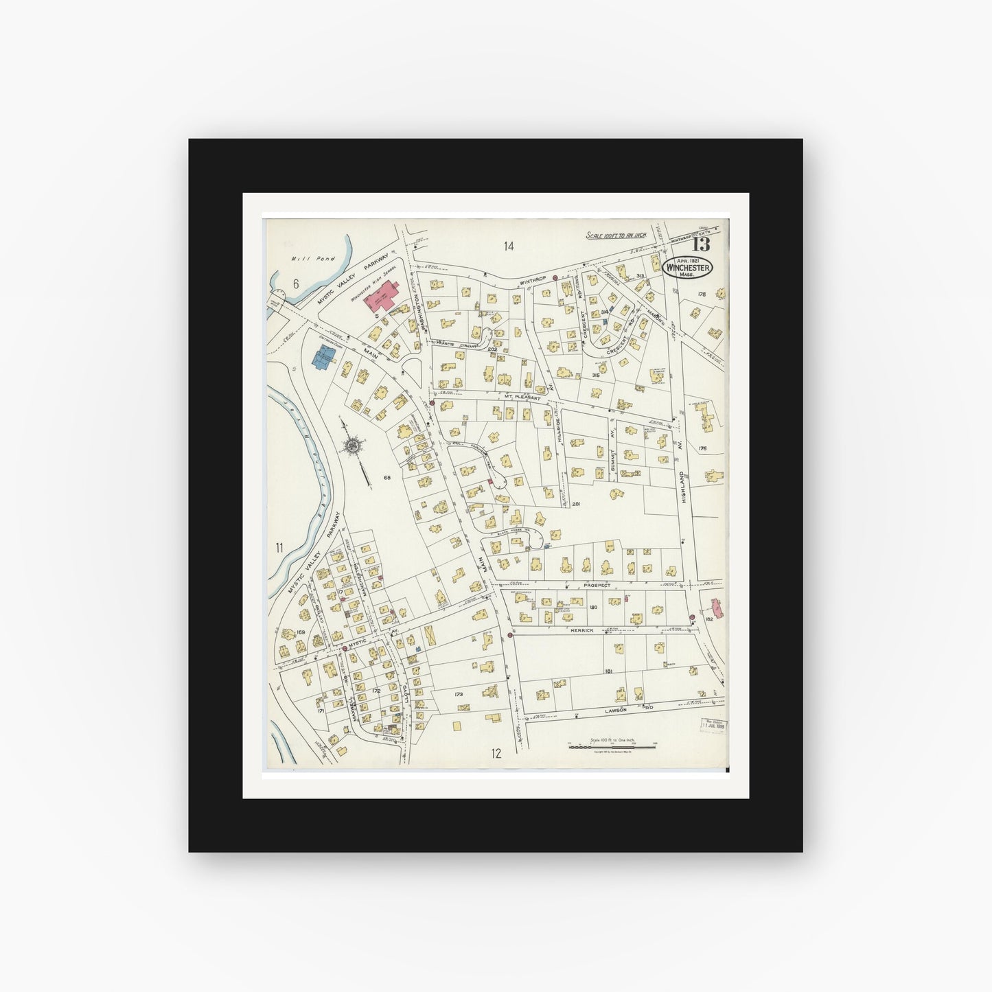 Old map wall art mockup — black gallery frame with white mat — Sanborn Fire Insurance Map from Winchester, Middlesex County, Massachusetts (1921), Sheet #0013