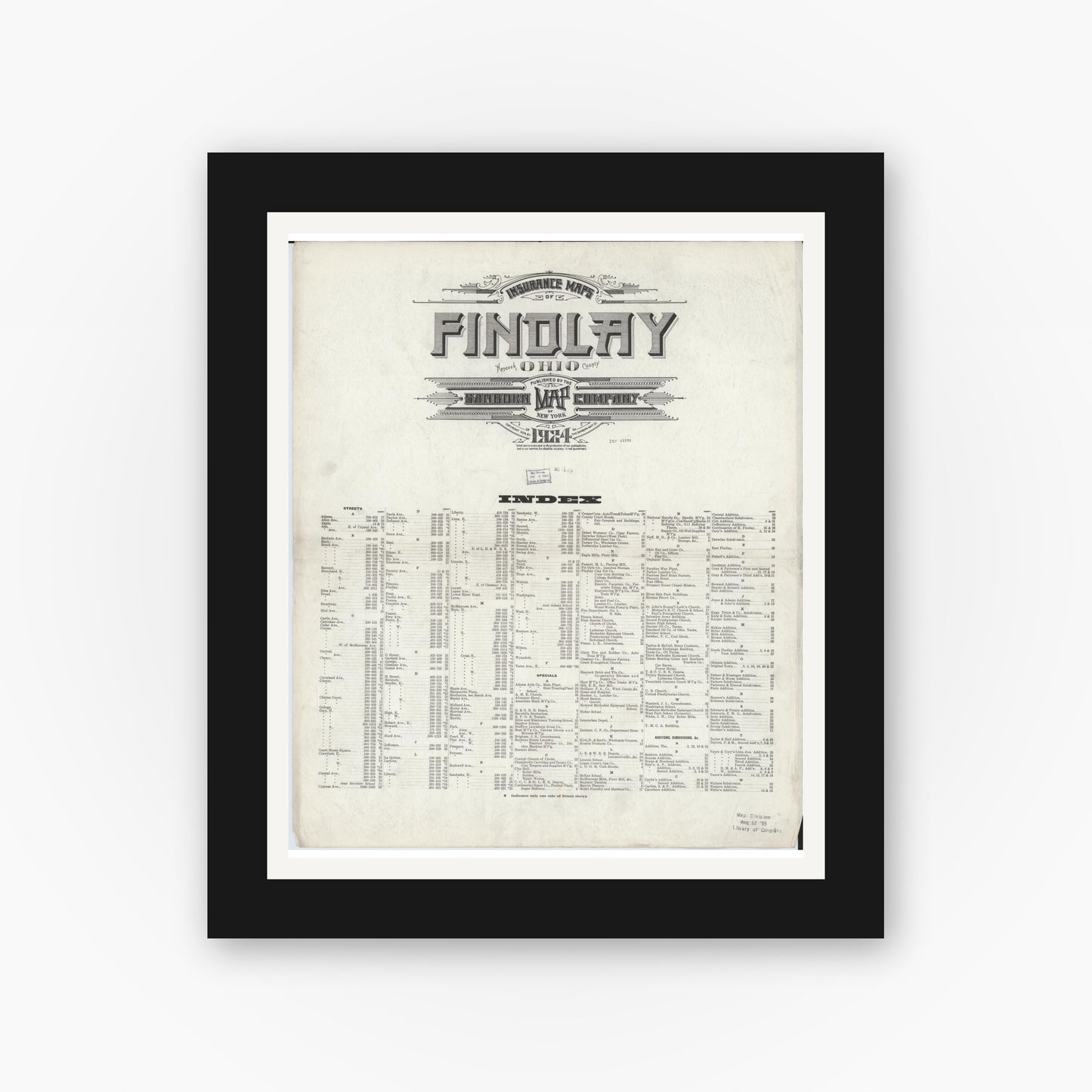 Old map wall art mockup — black gallery frame with white mat — Sanborn Fire Insurance Map from Findlay, Hancock County, Ohio (1924), Sheet #0001