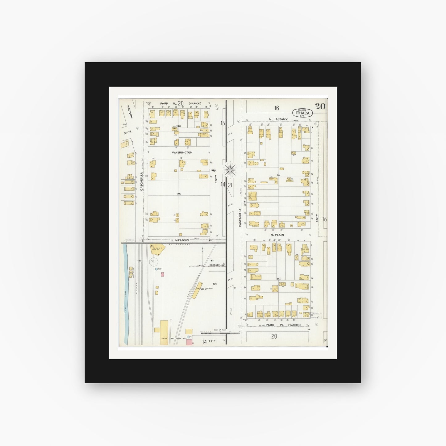 Old map wall art mockup — black gallery frame with white mat — Sanborn Fire Insurance Map from Ithaca, Tompkins County, New York (1904), Sheet #0020