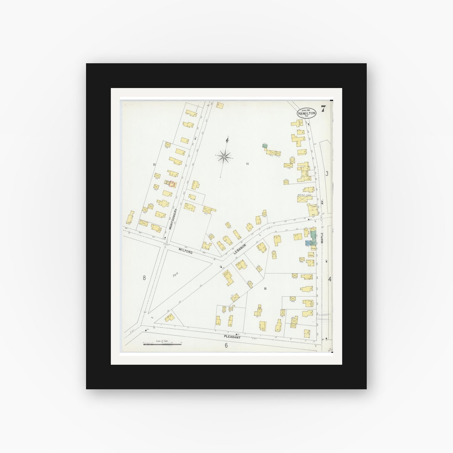 Old map wall art mockup — black gallery frame with white mat — Sanborn Fire Insurance Map from Hamilton, Madison County, New York (1901), Sheet #0007