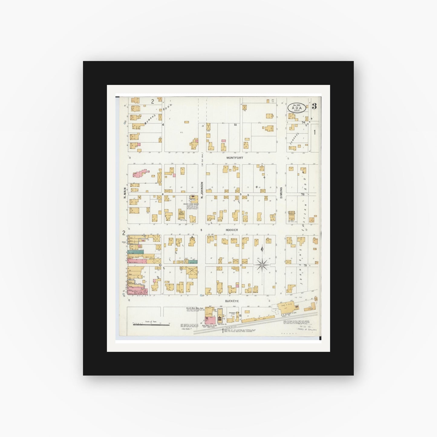 Old map wall art mockup — black gallery frame with white mat — Sanborn Fire Insurance Map from Ada, Hardin County, Ohio (1900), Sheet #0003