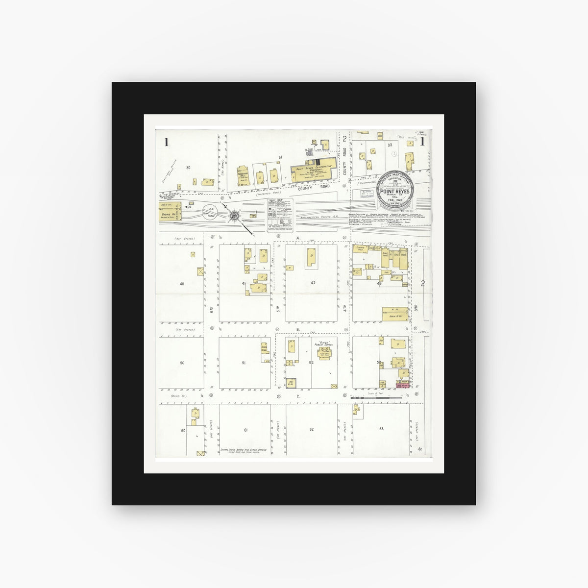 Old map wall art mockup — black gallery frame with white mat — Sanborn Fire Insurance Map from Point Reyes, Marin County, California (1928) - Complete Map Set