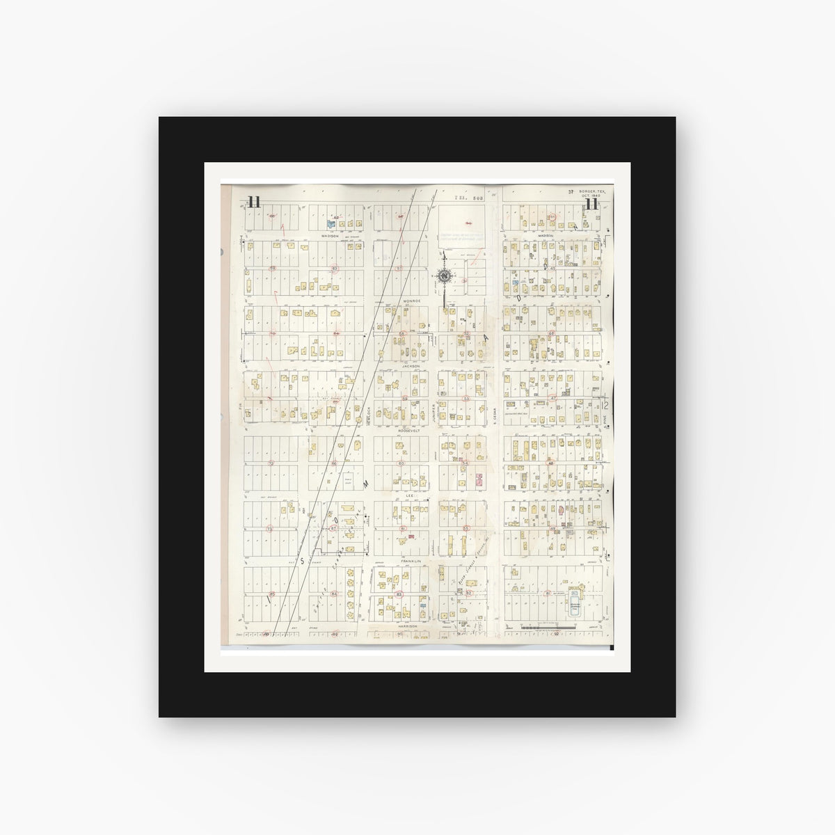 Old map wall art mockup — black gallery frame with white mat — Sanborn Fire Insurance Map from Borger, Hutchinson County, Texas (1950), Sheet #0011