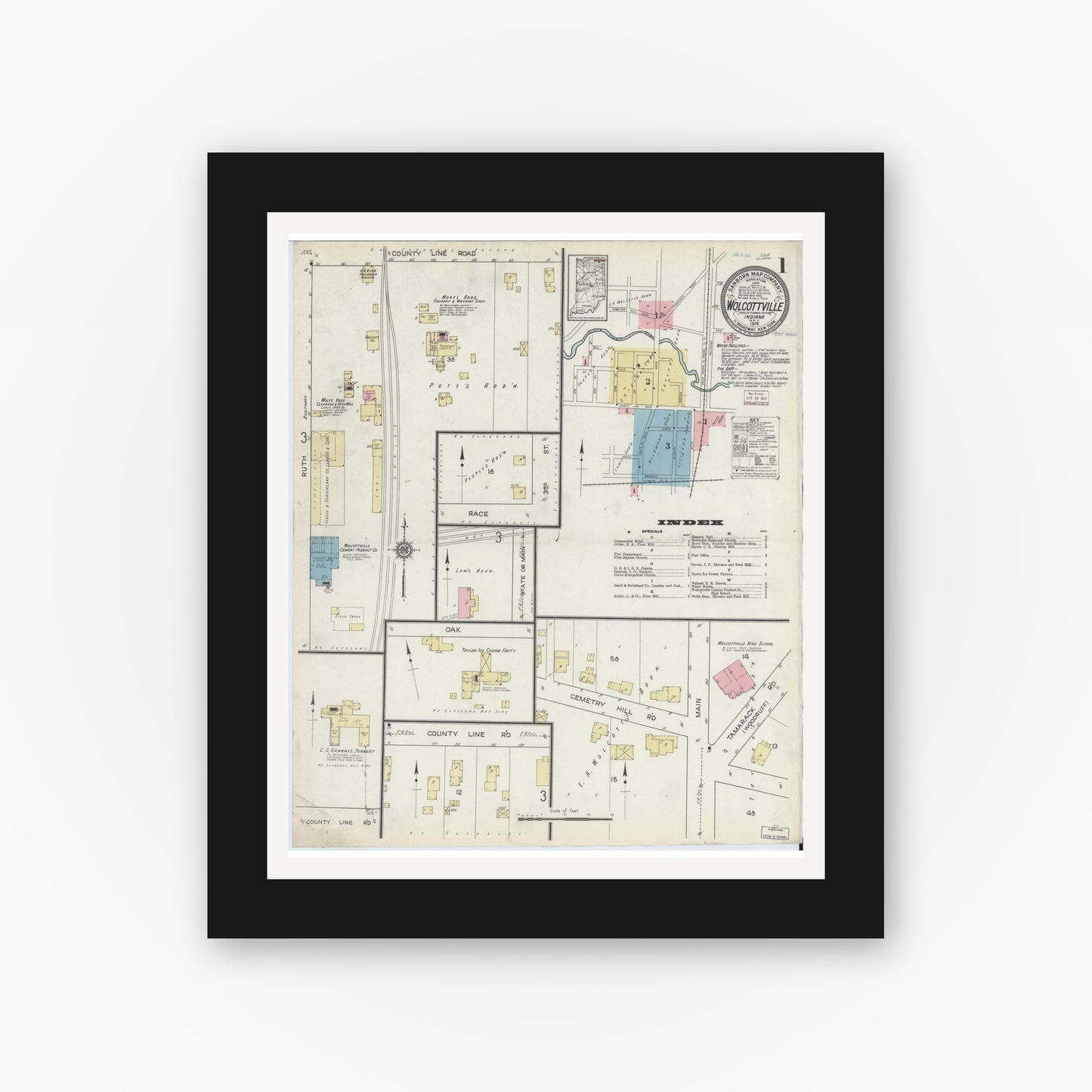 Old map wall art mockup — black gallery frame with white mat — Sanborn Fire Insurance Map from Wolcottville, Noble And LaGrange Counties, Indiana (1914) - Complete Map Set