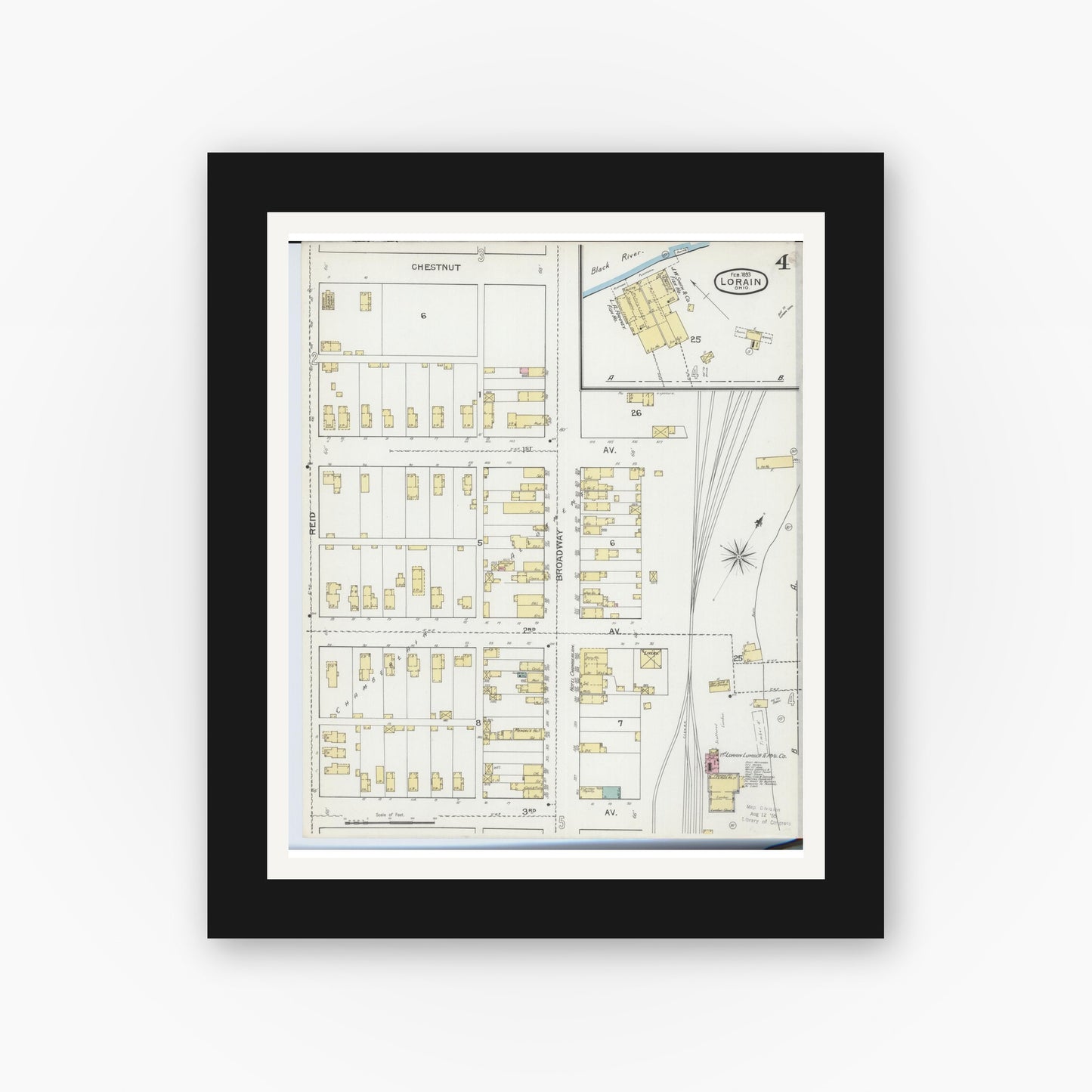 Old map wall art mockup — black gallery frame with white mat — Sanborn Fire Insurance Map from Lorain, Lorain County, Ohio (1893), Sheet #0004